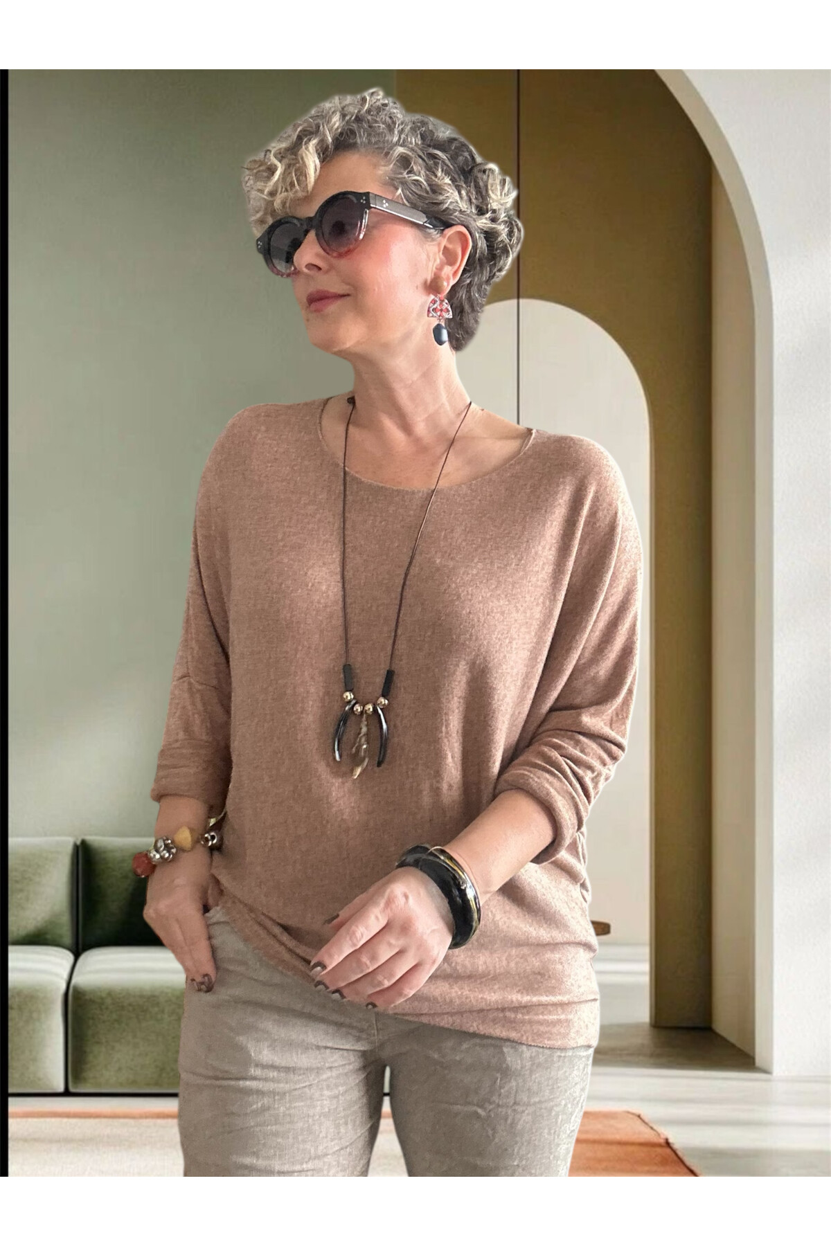 Mezzo İtalyan Kolyeli Tasarım Triko Bluz Camel