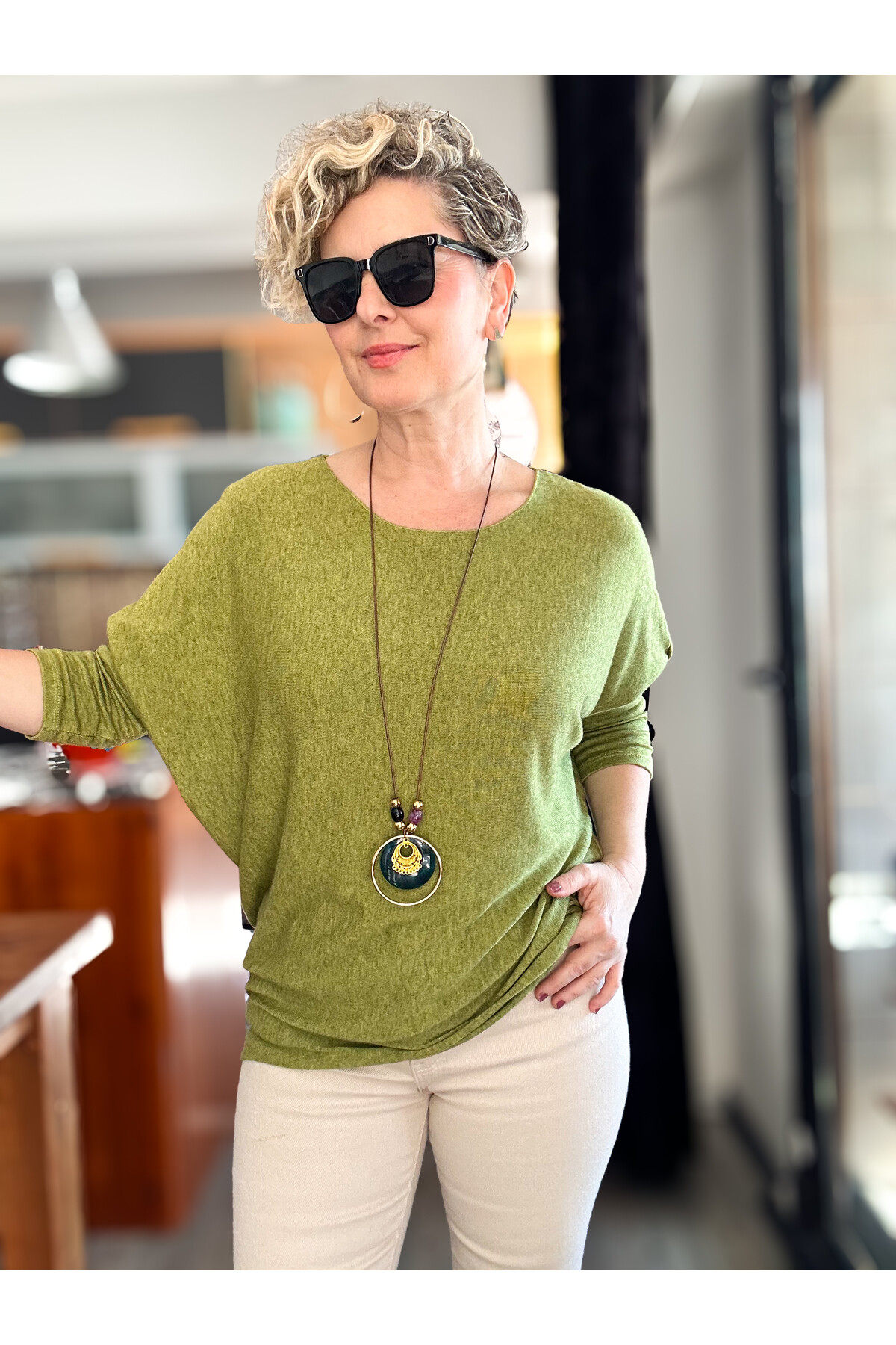 Mezzo İtalyan Kolyeli Tasarım Triko Bluz Fıstık Yeşil