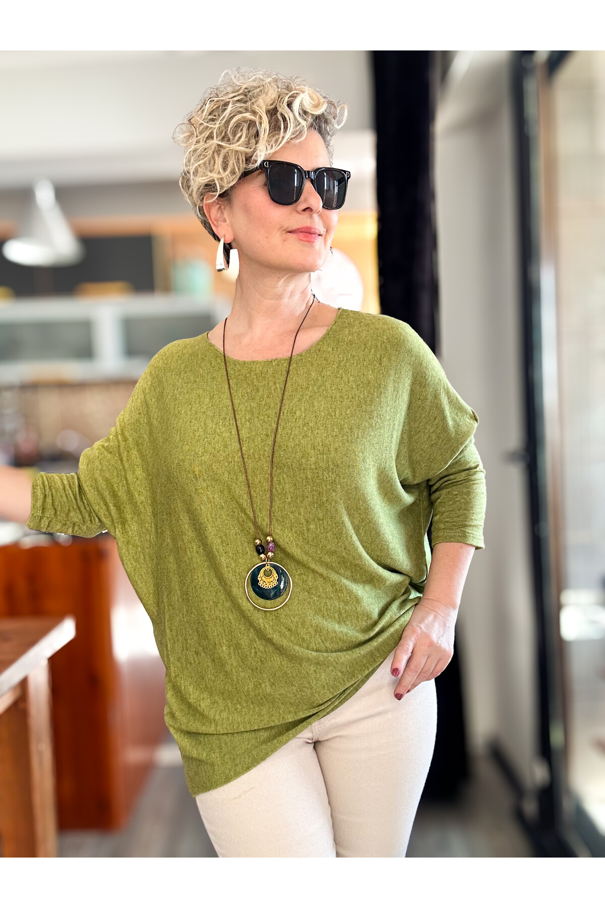 Mezzo İtalyan Kolyeli Tasarım Triko Bluz Fıstık Yeşil