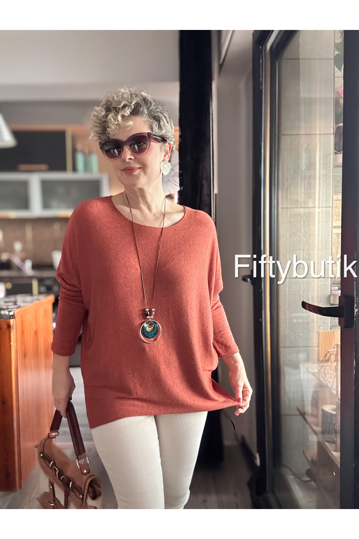 Mezzo İtalyan Kolyeli Tasarım Triko Bluz Kiremit