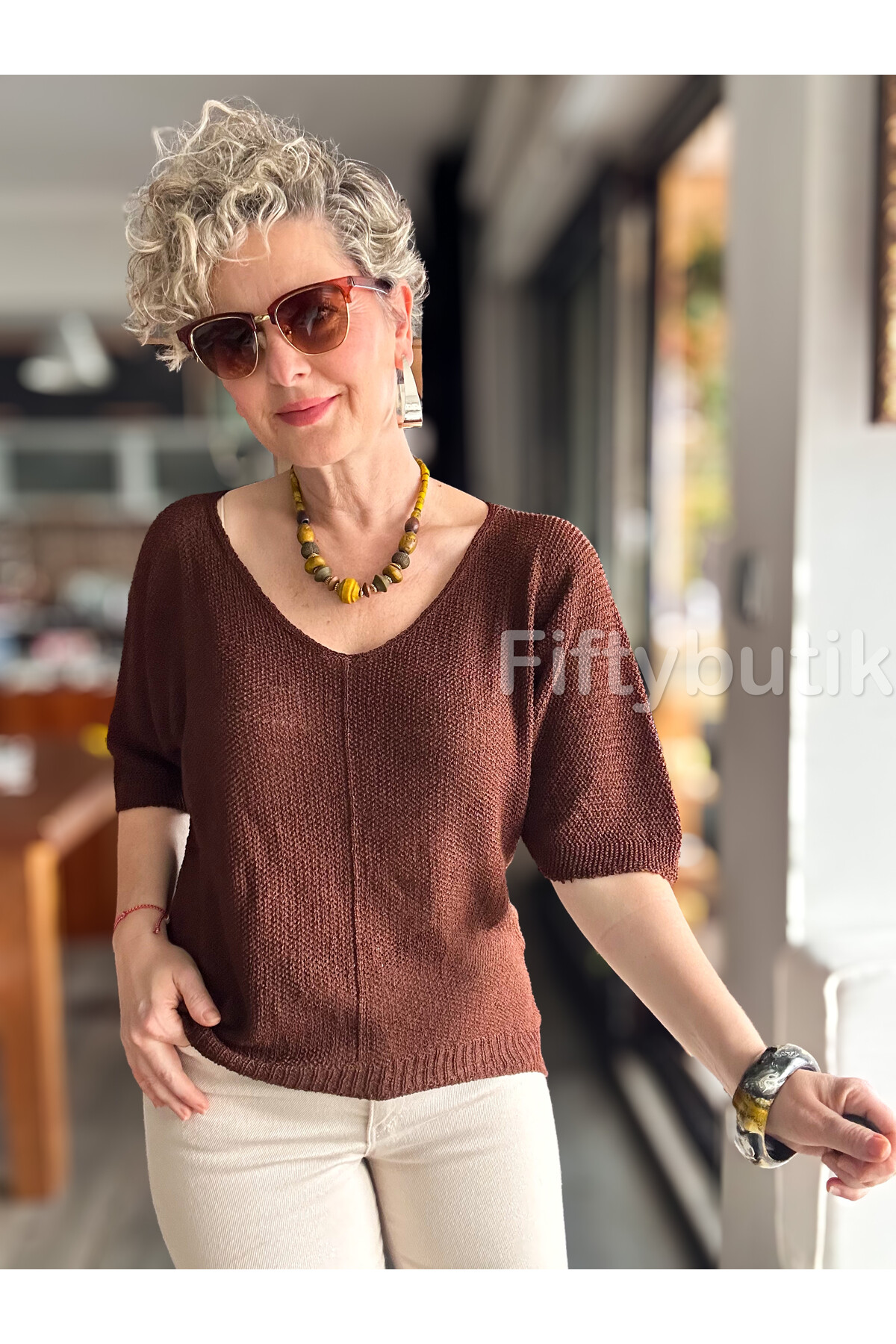 Miatta Tasarım Merserize Bluz Kahverengi