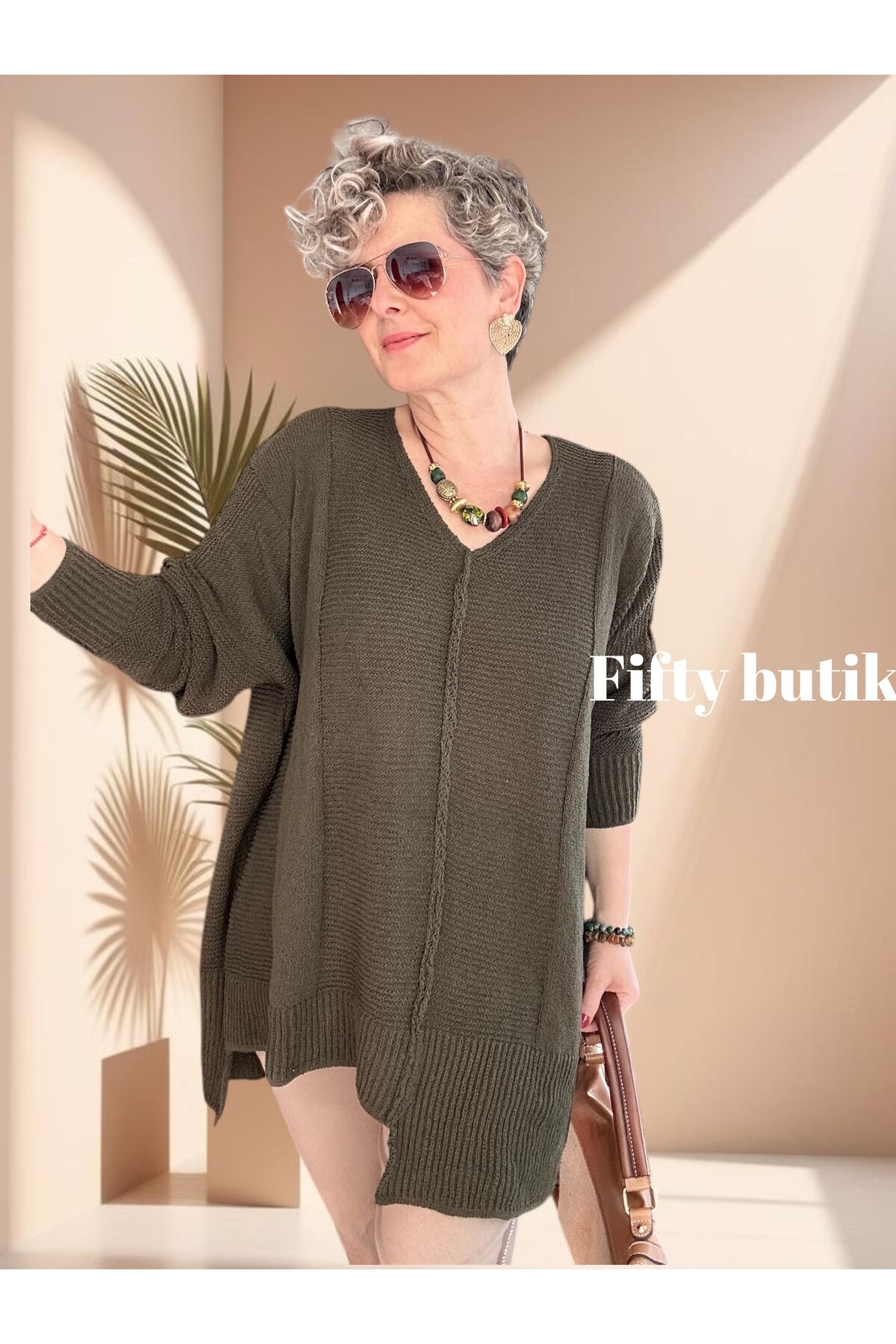 Mudy Tasarım Oversize Triko Tunik Haki Yeşil