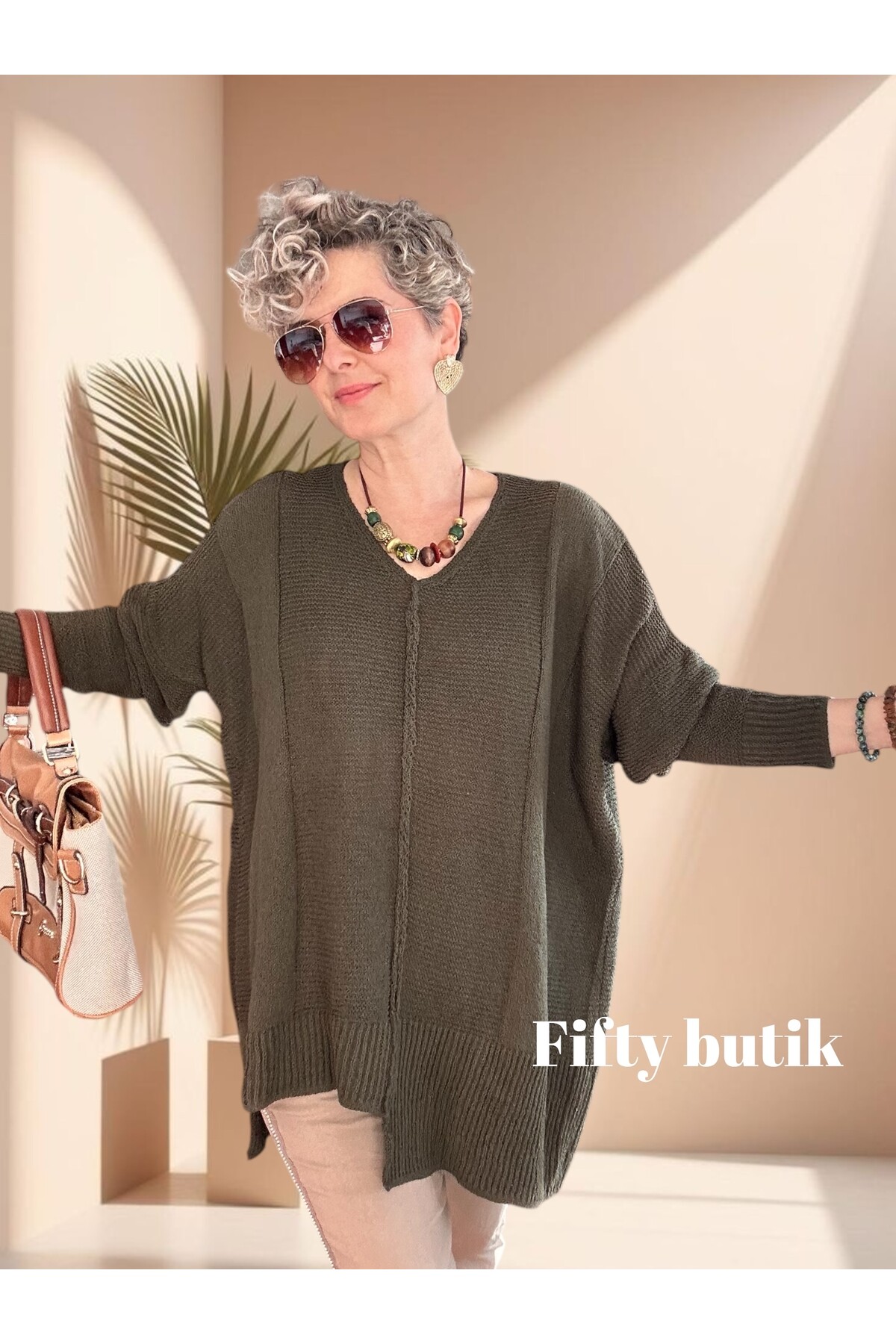 Mudy Tasarım Oversize Triko Tunik Haki Yeşil