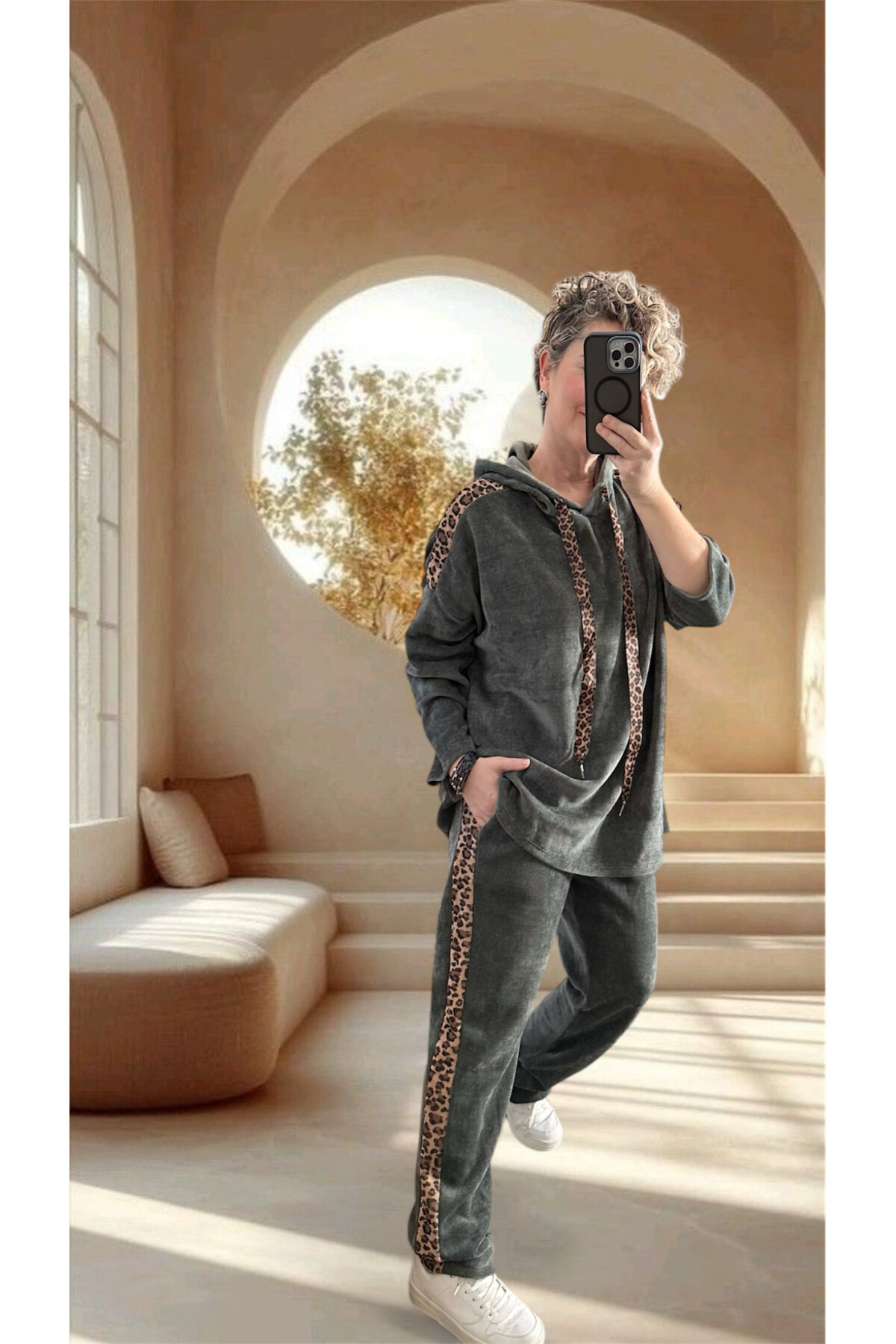 Muffin İtalyan Şönil Leopar Detay Takım Haki