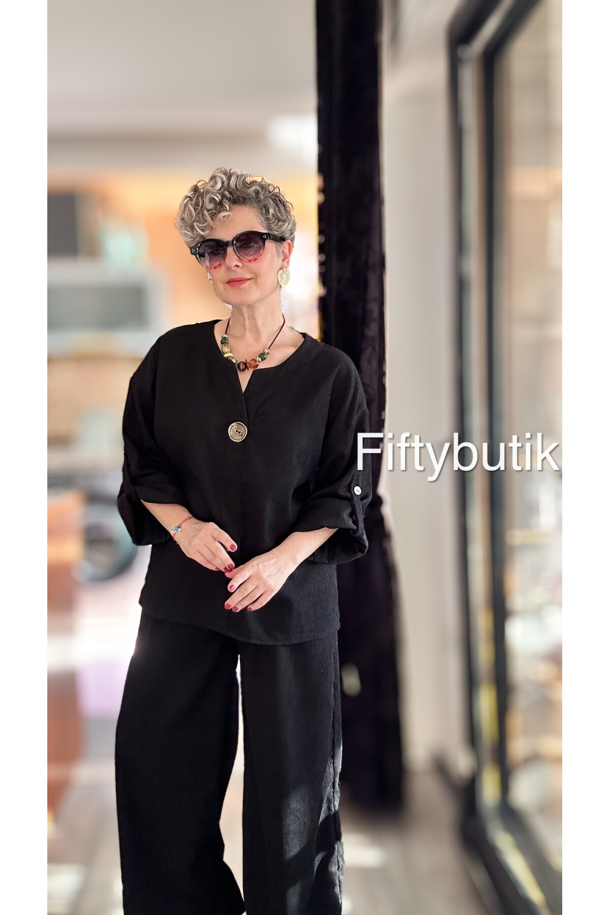 Natte İnce Fitil Düğme Detay Oversize Takım Siyah