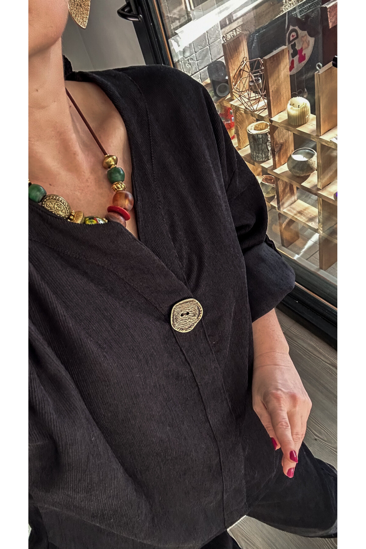 Natte İnce Fitil Düğme Detay Oversize Takım Siyah