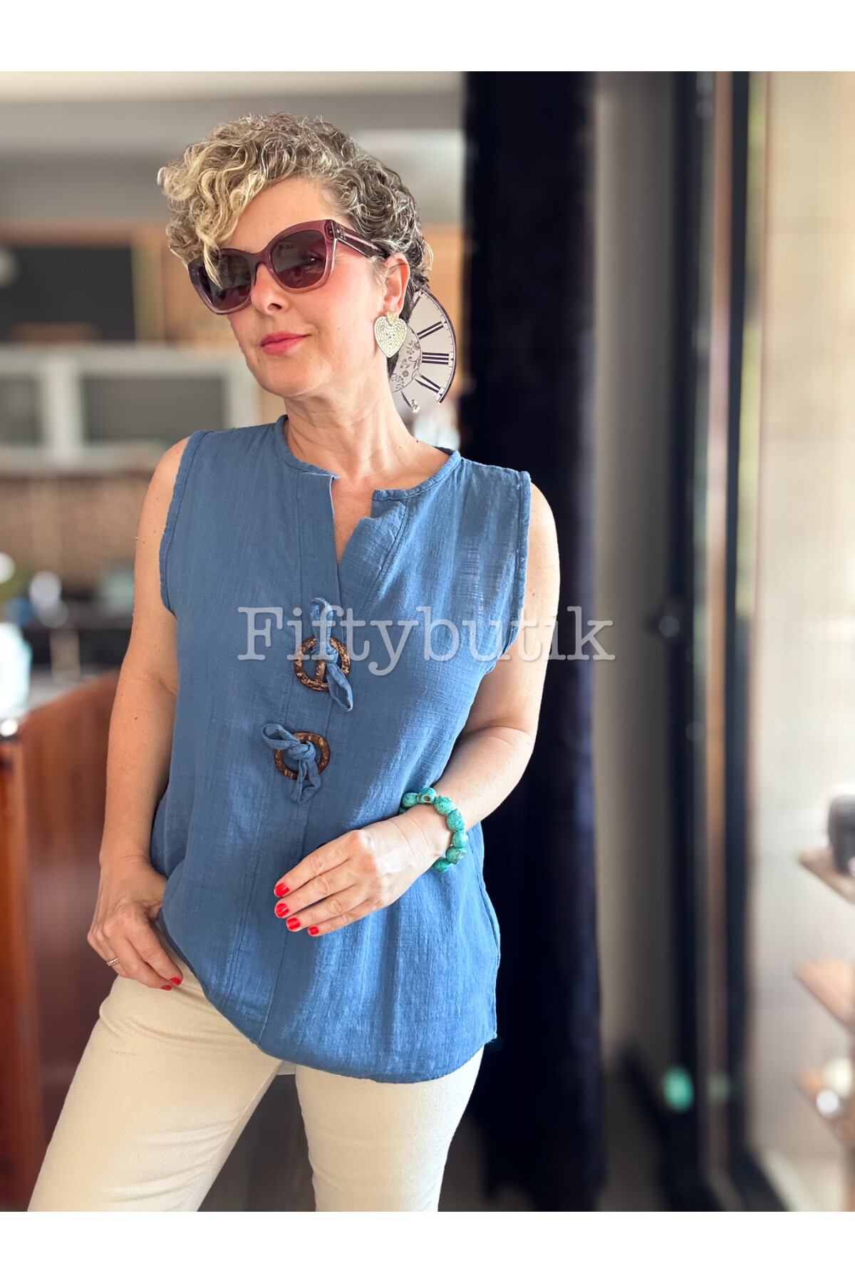 Neggi Tasarım Tokalı Bluz İndigo Mavi