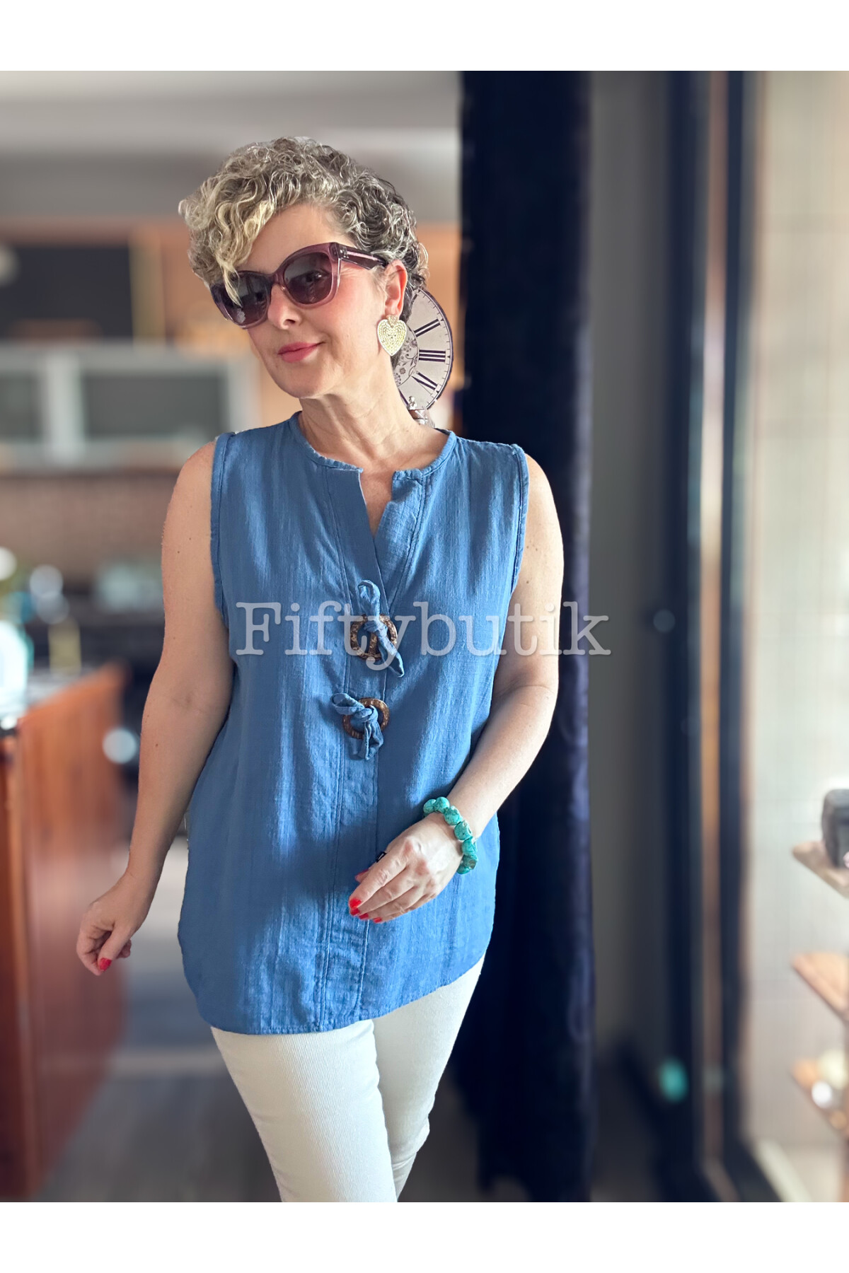 Neggi Tasarım Tokalı Bluz İndigo Mavi