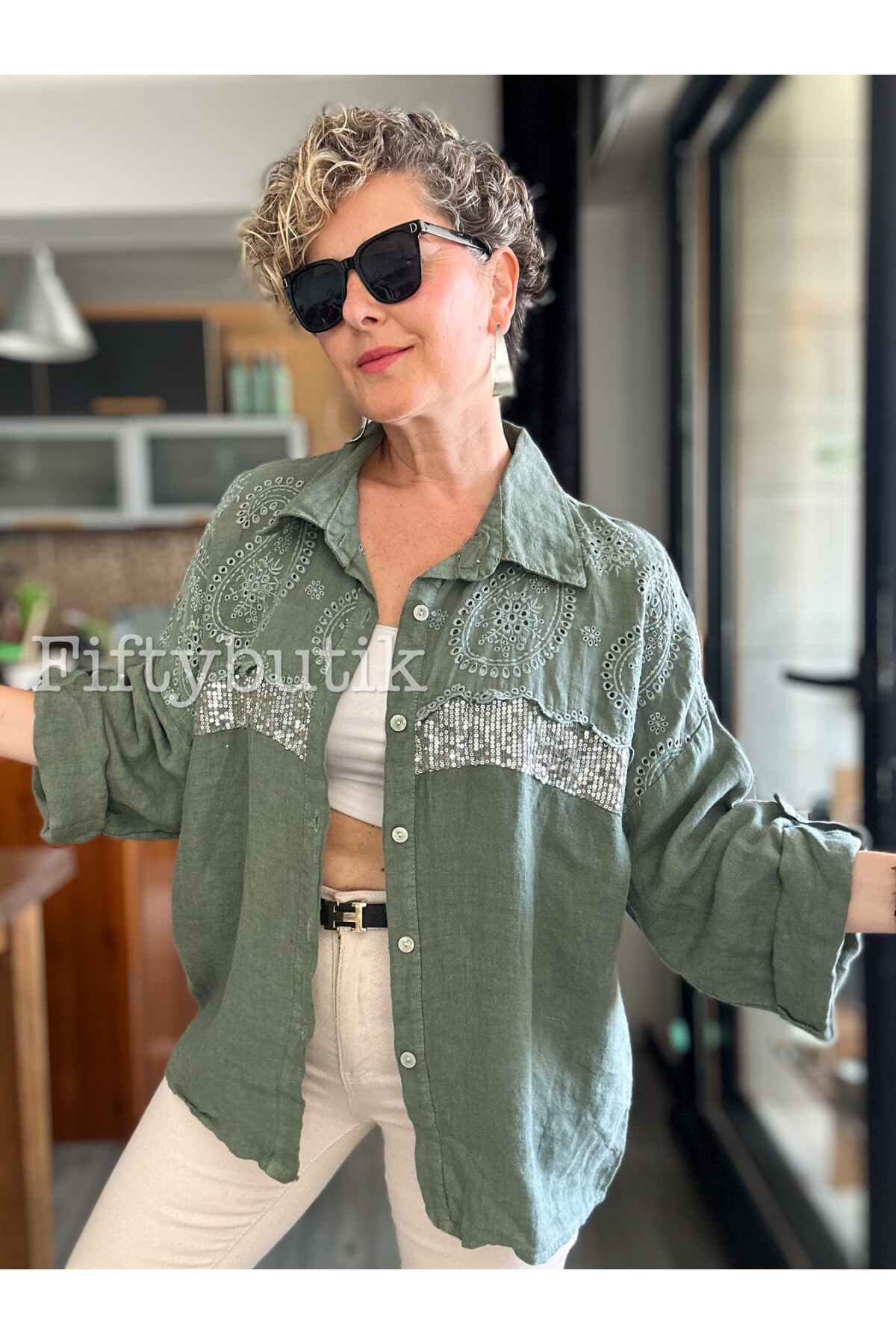 Negroni İtalyan Vip Pul Payet Detay Gömlek Ceket Haki