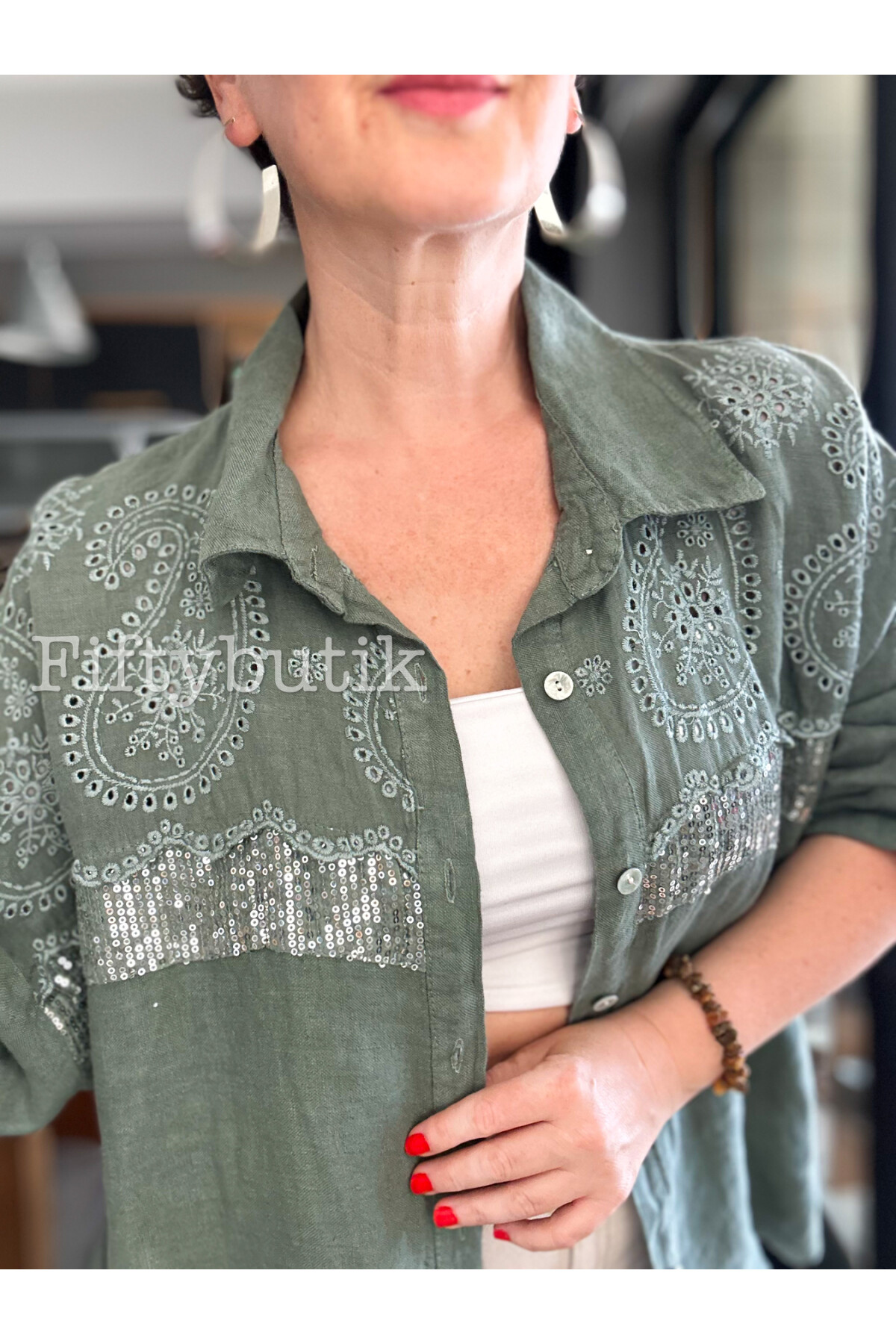 Negroni İtalyan Vip Pul Payet Detay Gömlek Ceket Haki