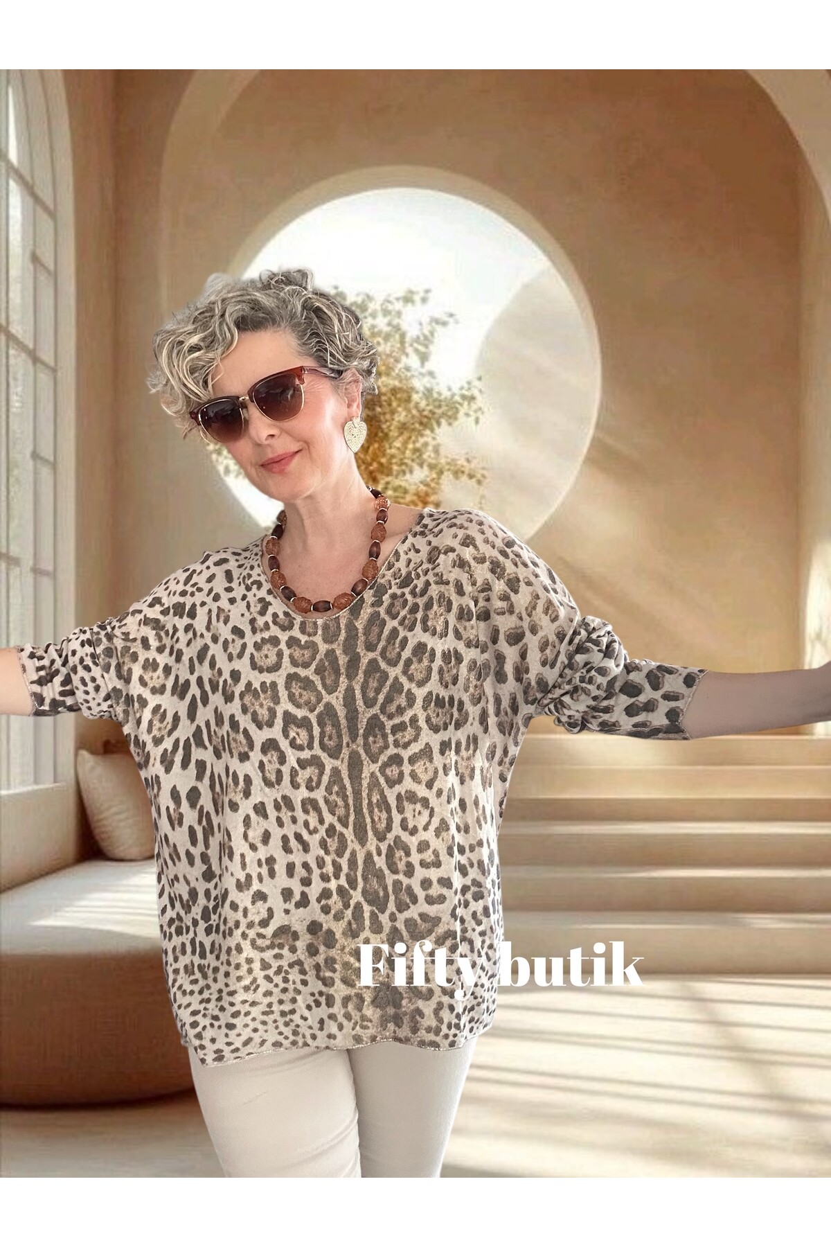 Nerro İtalyan Varak Baskı Leopar Bluz Bej