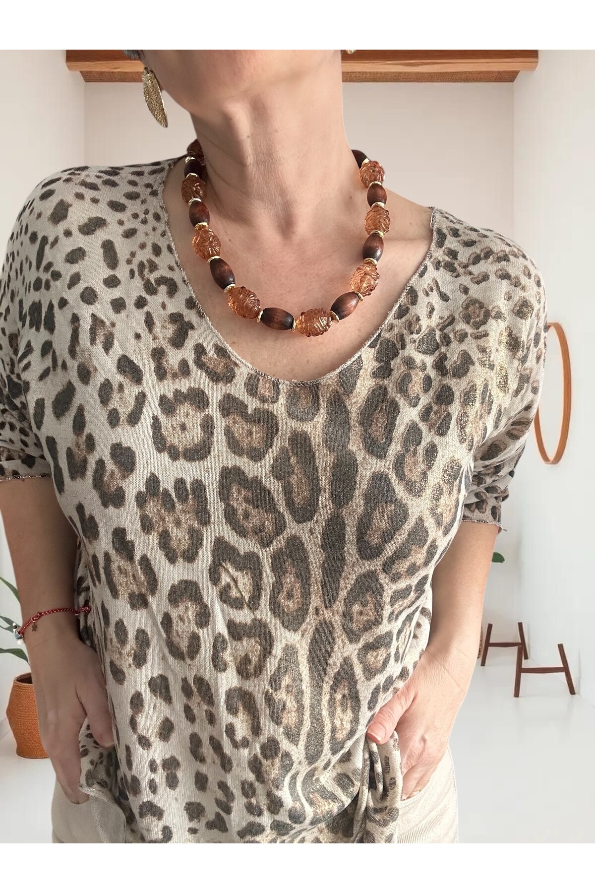 Nerro İtalyan Varak Baskı Leopar Bluz Bej