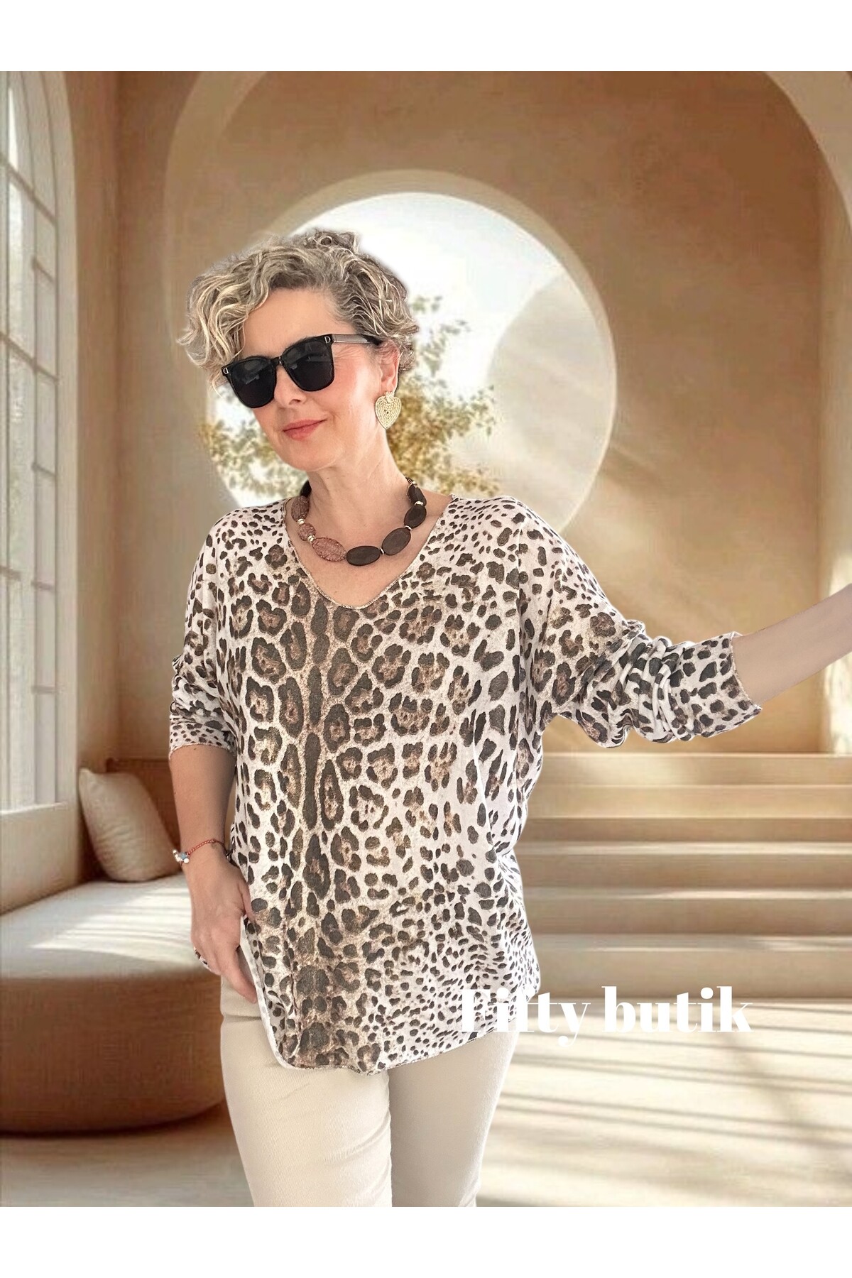 Nerro İtalyan Varak Baskı Leopar Bluz Beyaz