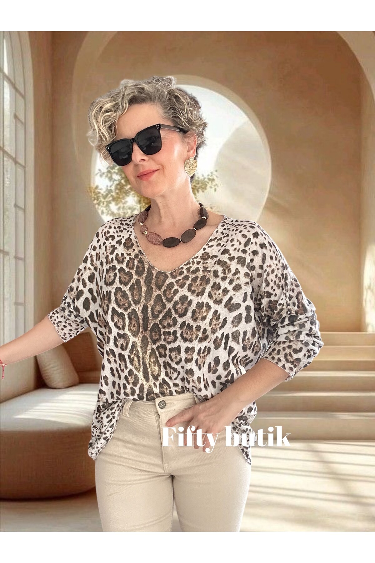 Nerro İtalyan Varak Baskı Leopar Bluz Beyaz