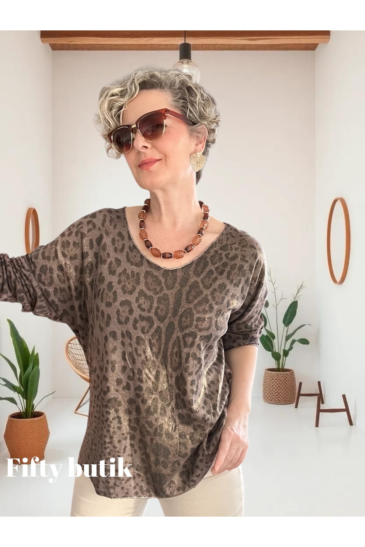 Nerro İtalyan Varak Baskı Leopar Bluz Kahve