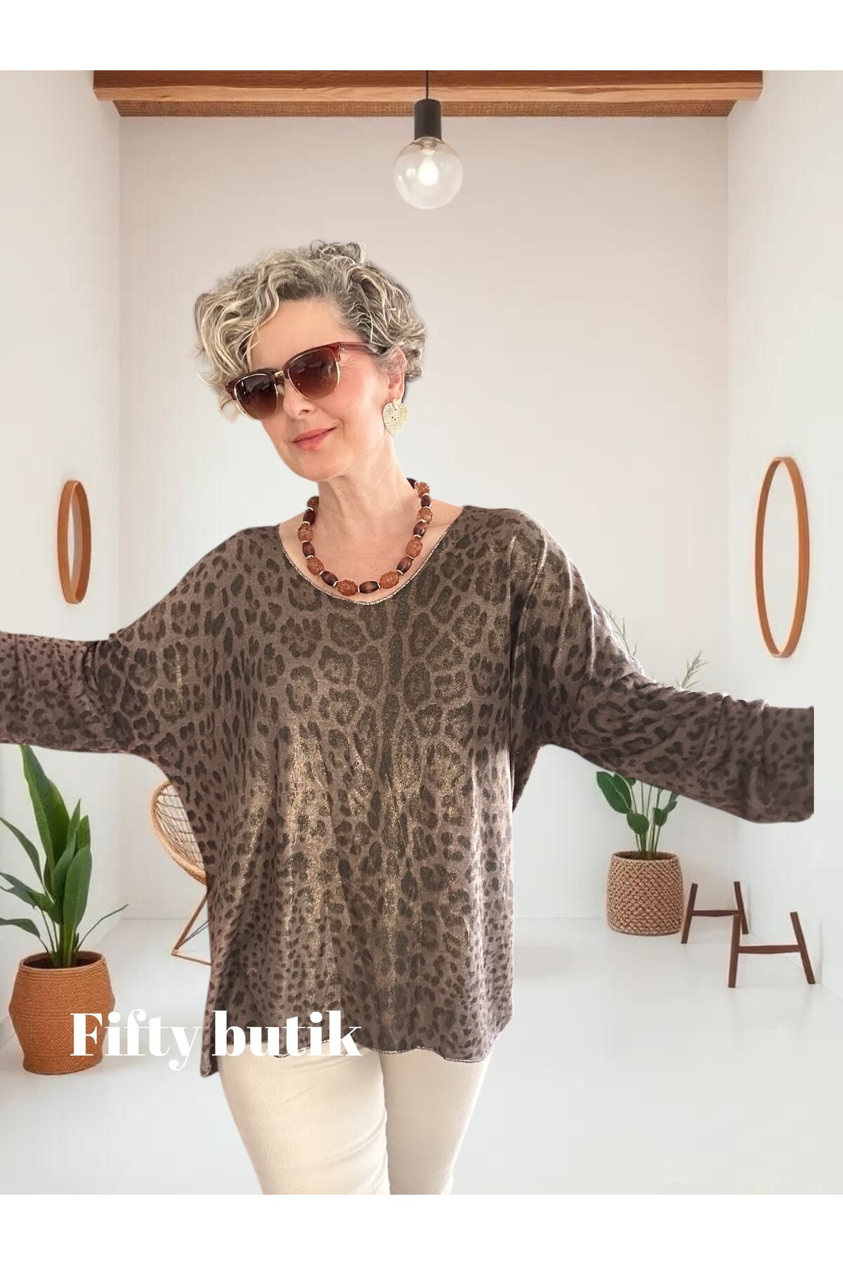Nerro İtalyan Varak Baskı Leopar Bluz Kahve