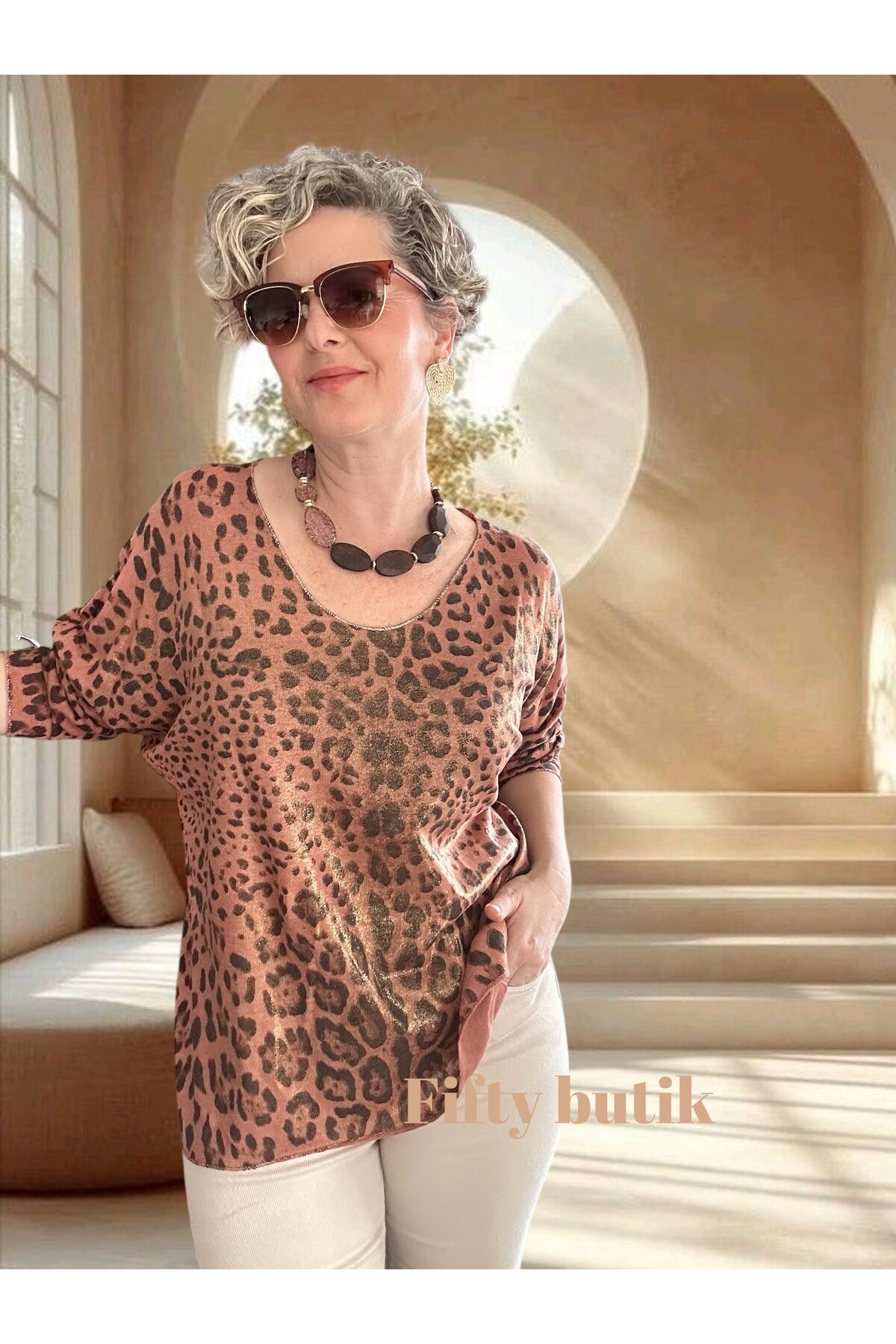 Nerro İtalyan Varak Baskı Leopar Bluz Kiremit