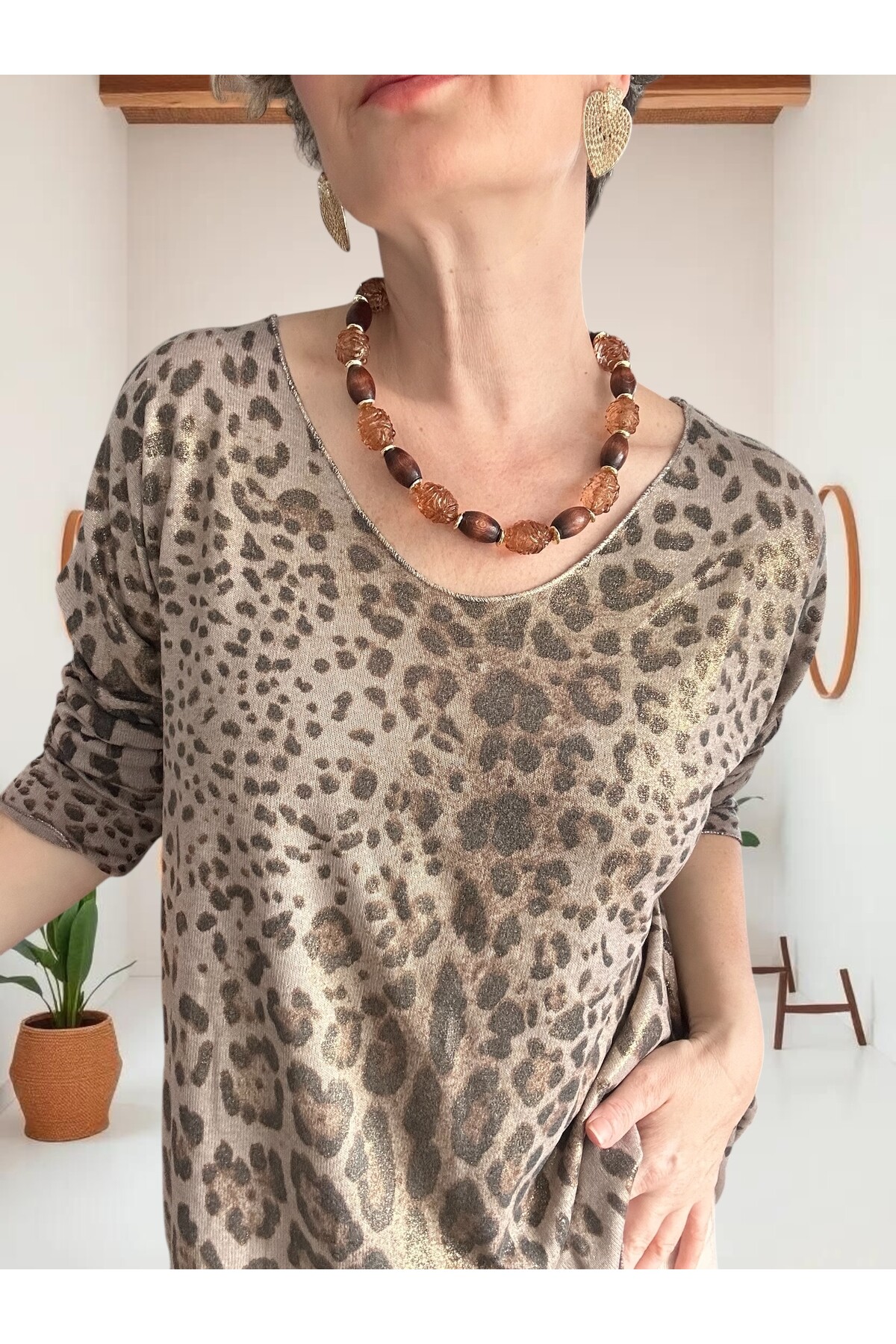 Nerro İtalyan Varak Baskı Leopar Bluz Vizon