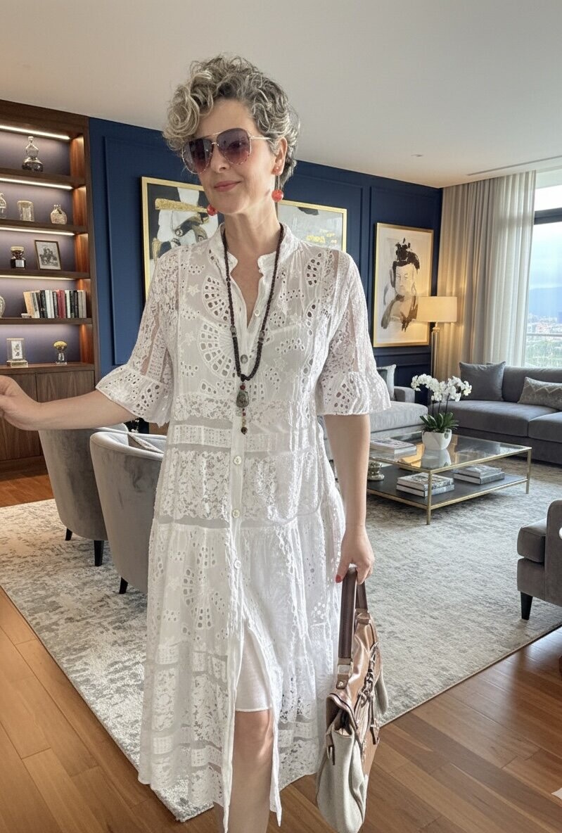 Nessi İtalyan Brode Gömlek Elbise Beyaz