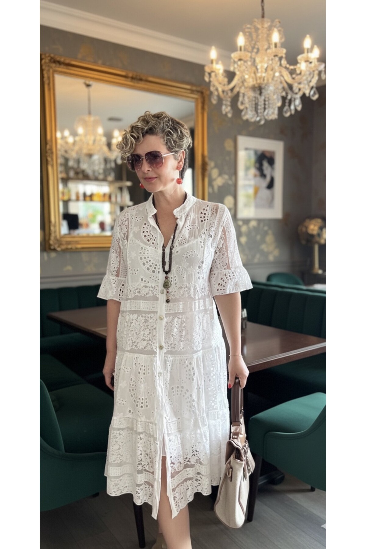 Nessi İtalyan Brode Gömlek Elbise Beyaz