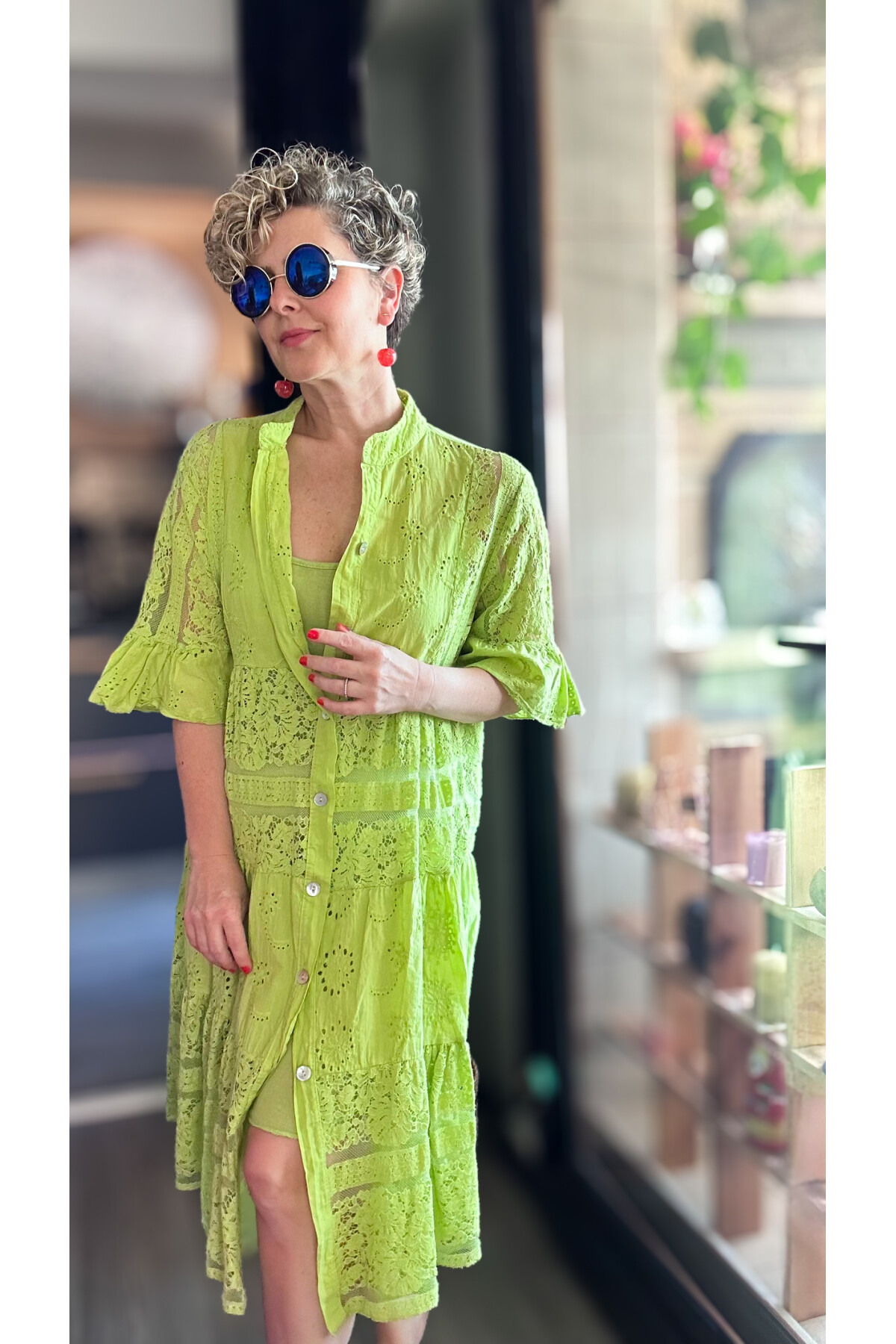 Nessi İtalyan Brode Gömlek Elbise Fıstık Yeşil