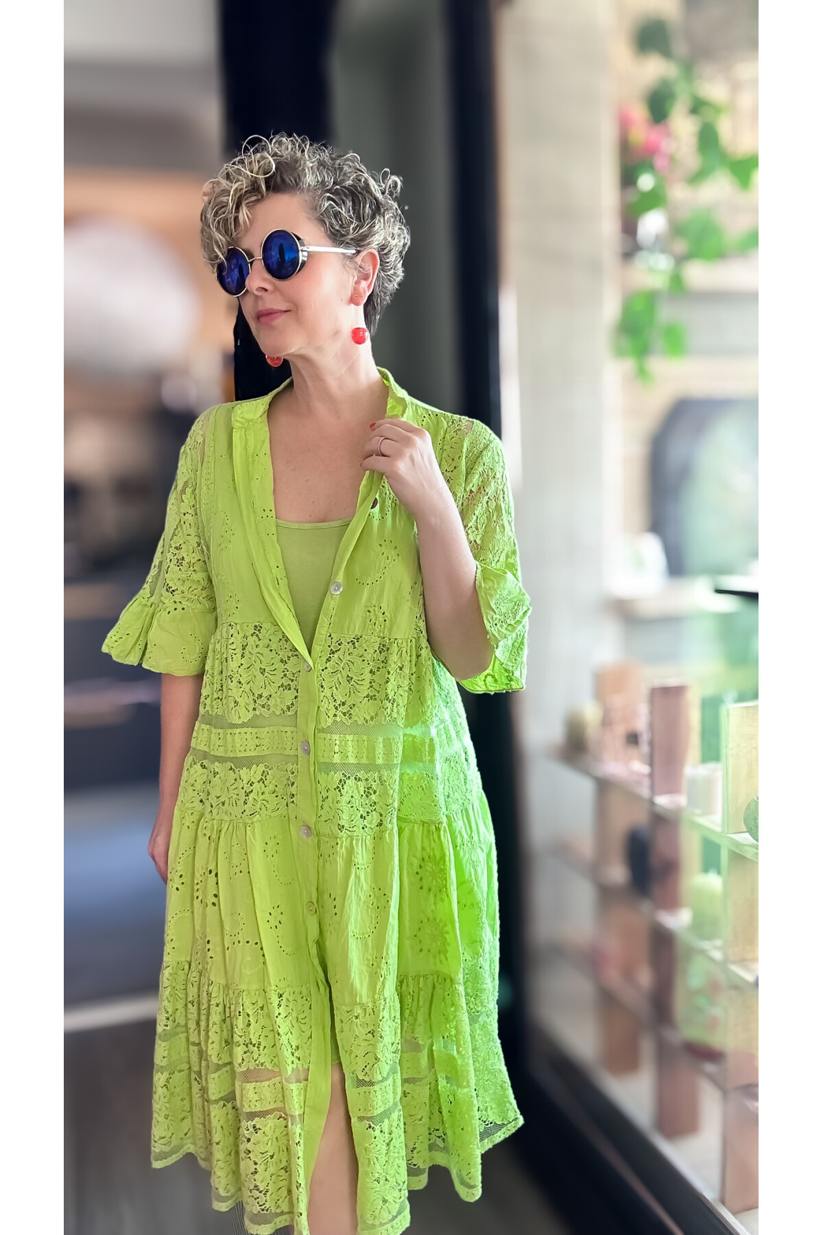 Nessi İtalyan Brode Gömlek Elbise Fıstık Yeşil