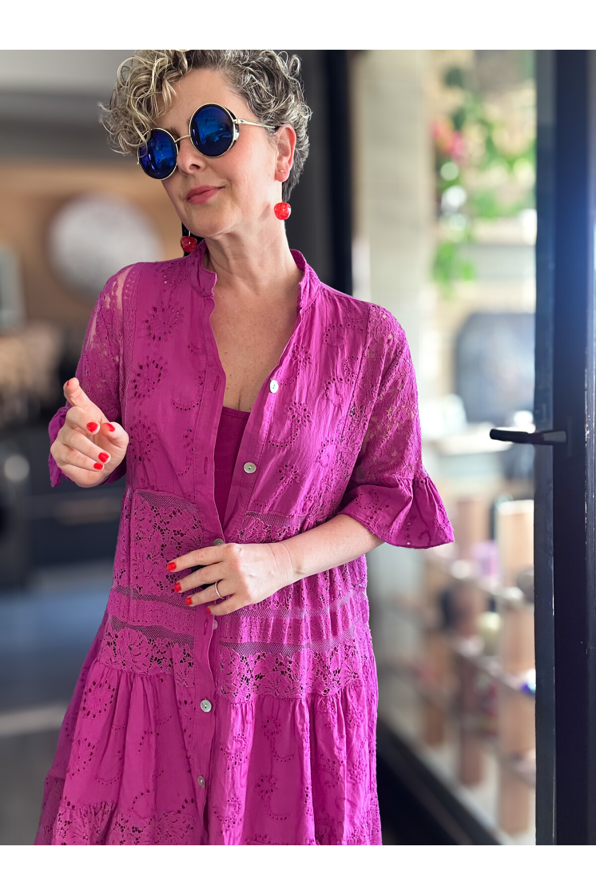 Nessi İtalyan Brode Gömlek Elbise Fuşya