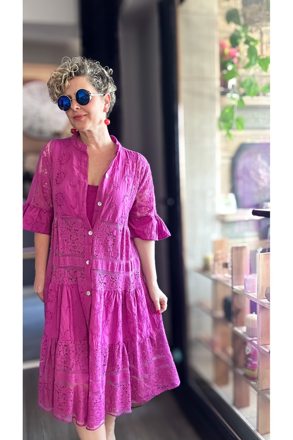 Nessi İtalyan Brode Gömlek Elbise Fuşya
