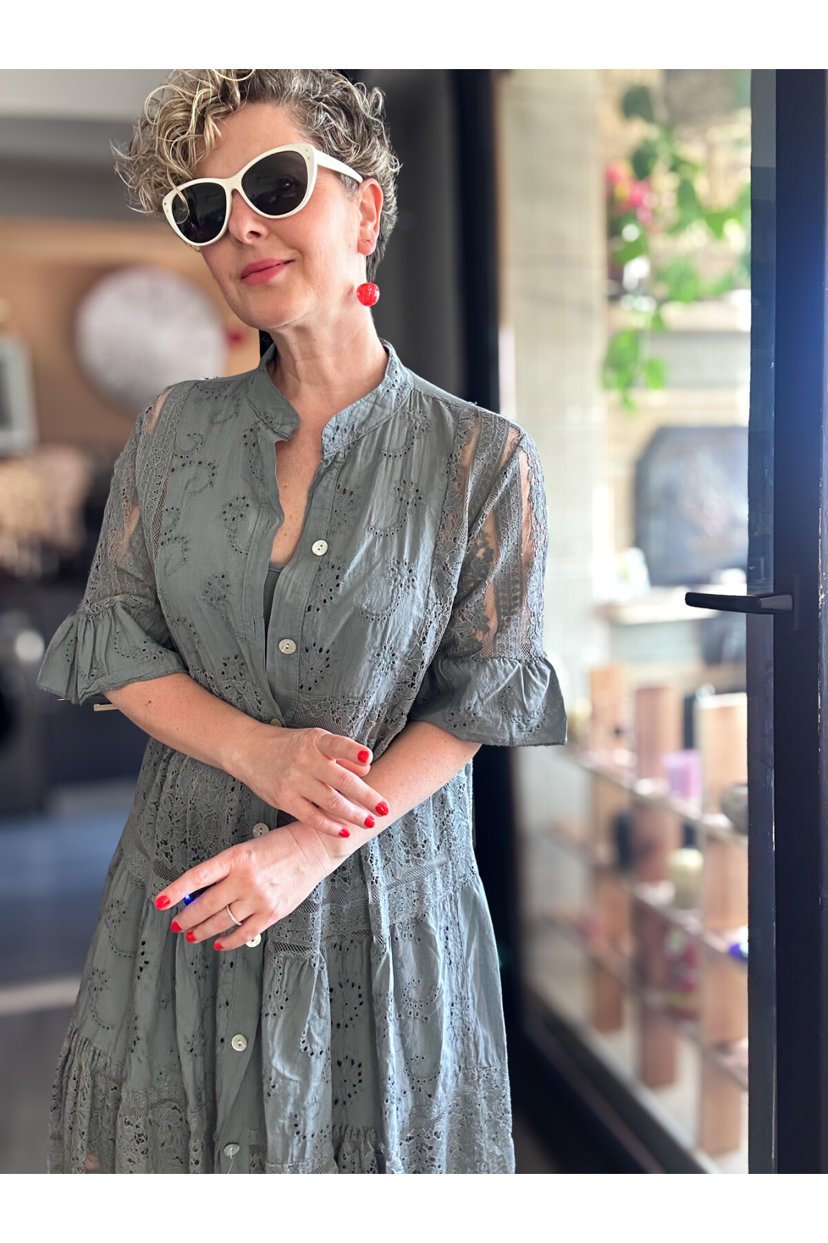 Nessi İtalyan Brode Gömlek Elbise Gri