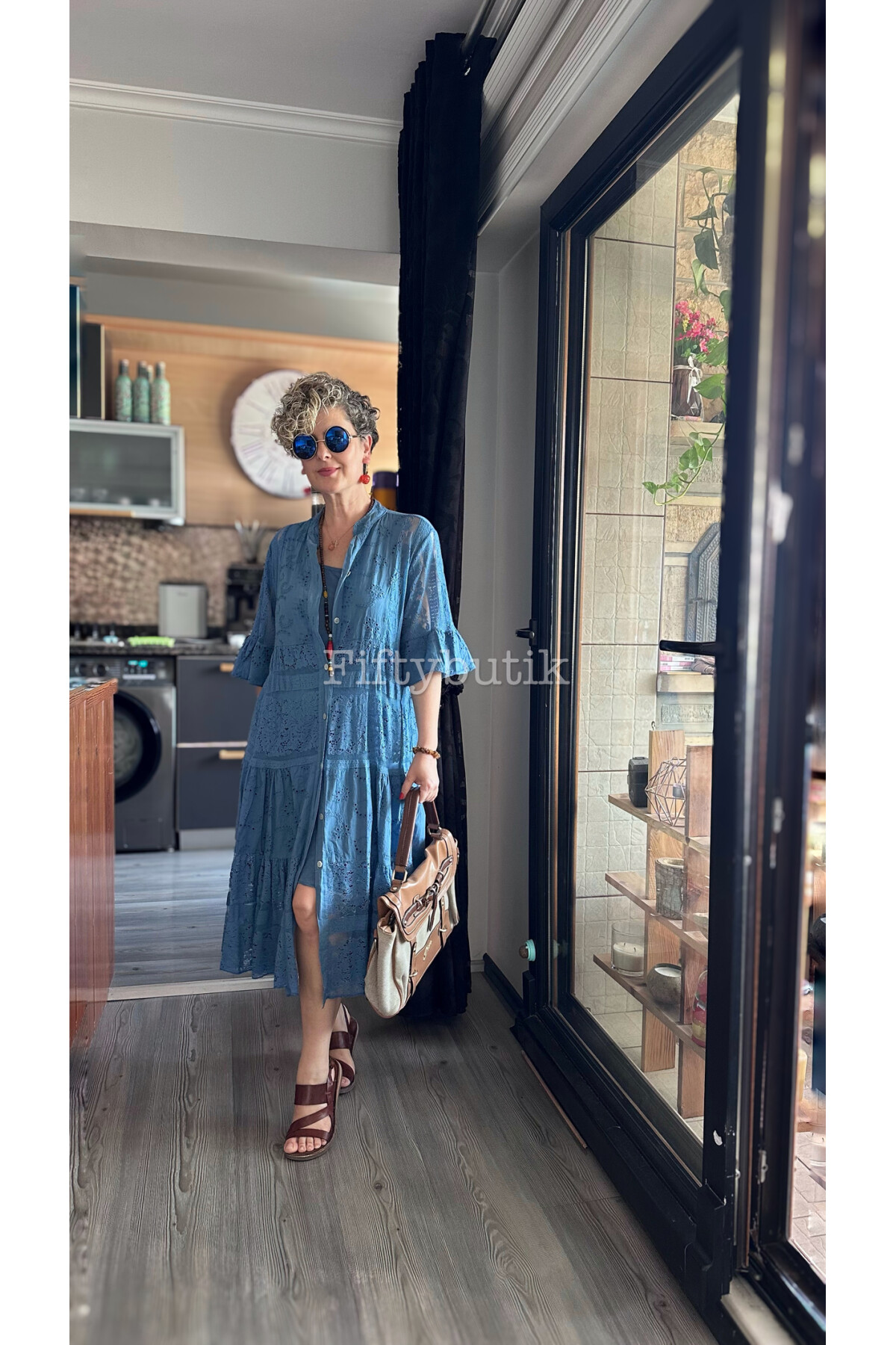 Nessi İtalyan Brode Gömlek Elbise İndigo Mavi