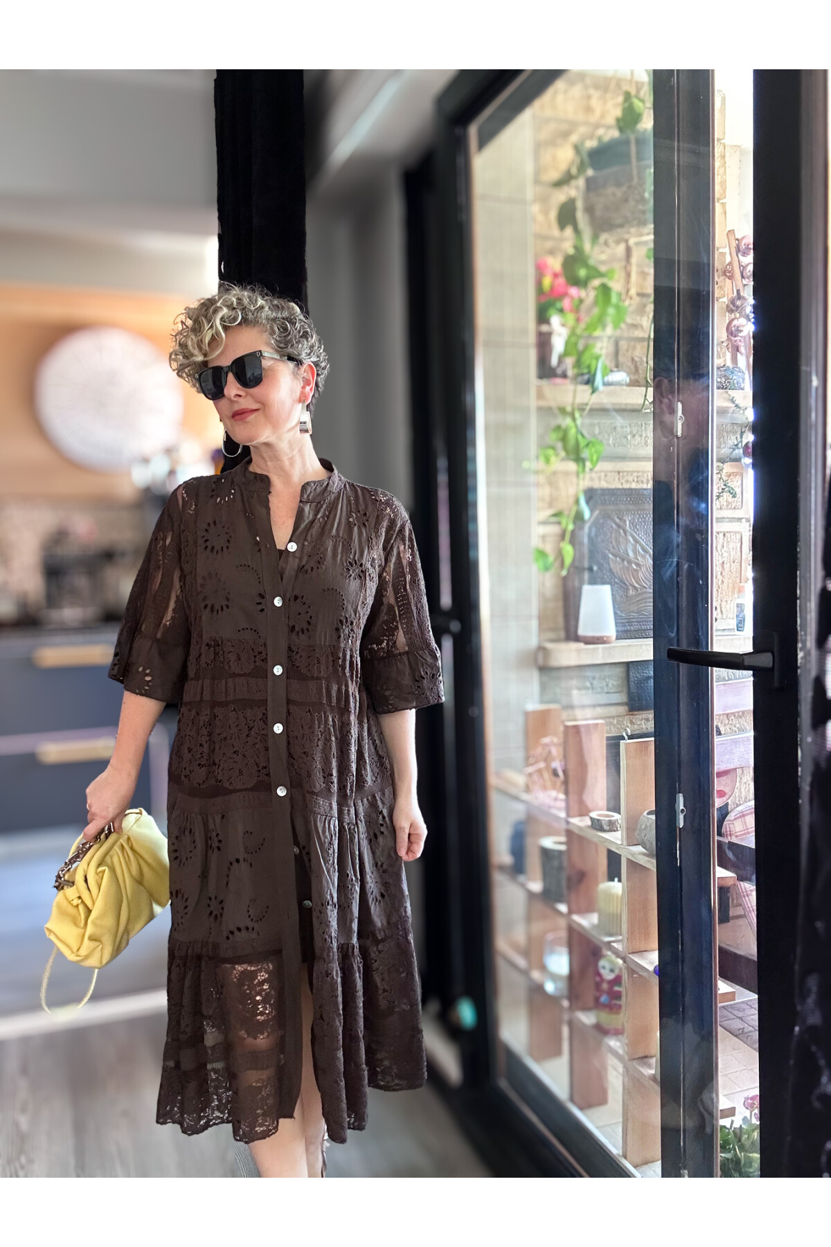 Nessi İtalyan Brode Gömlek Elbise Kahverengi