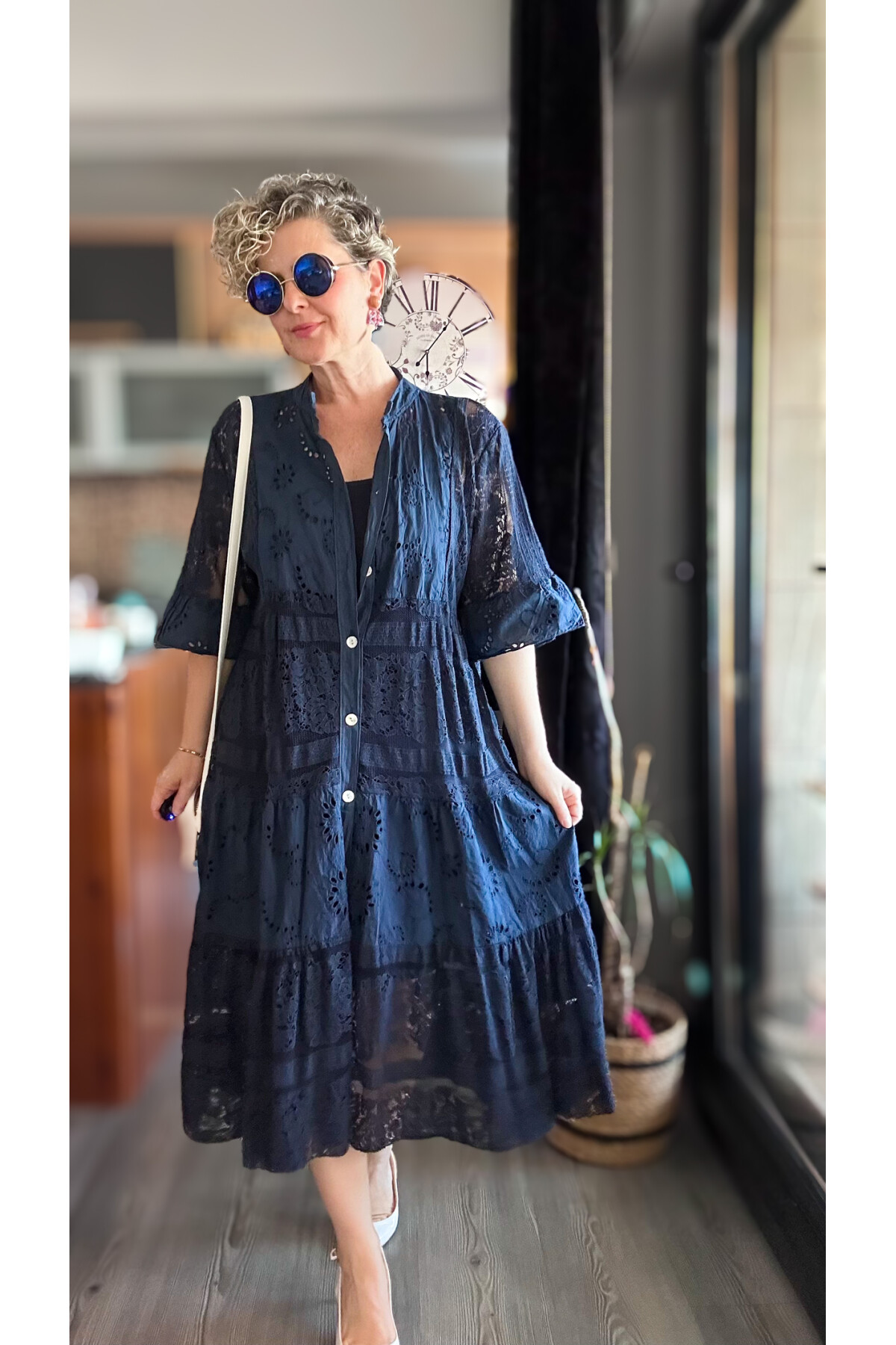 Nessi İtalyan Brode Gömlek Elbise Lacivert