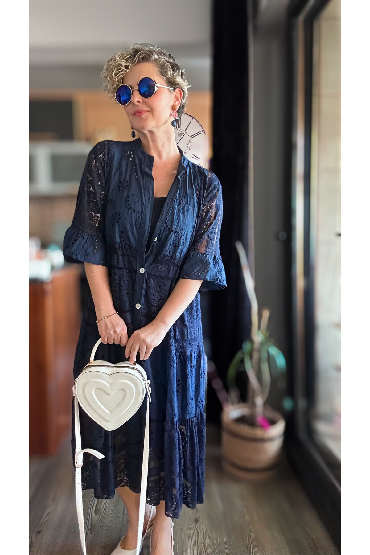 Nessi İtalyan Brode Gömlek Elbise Lacivert