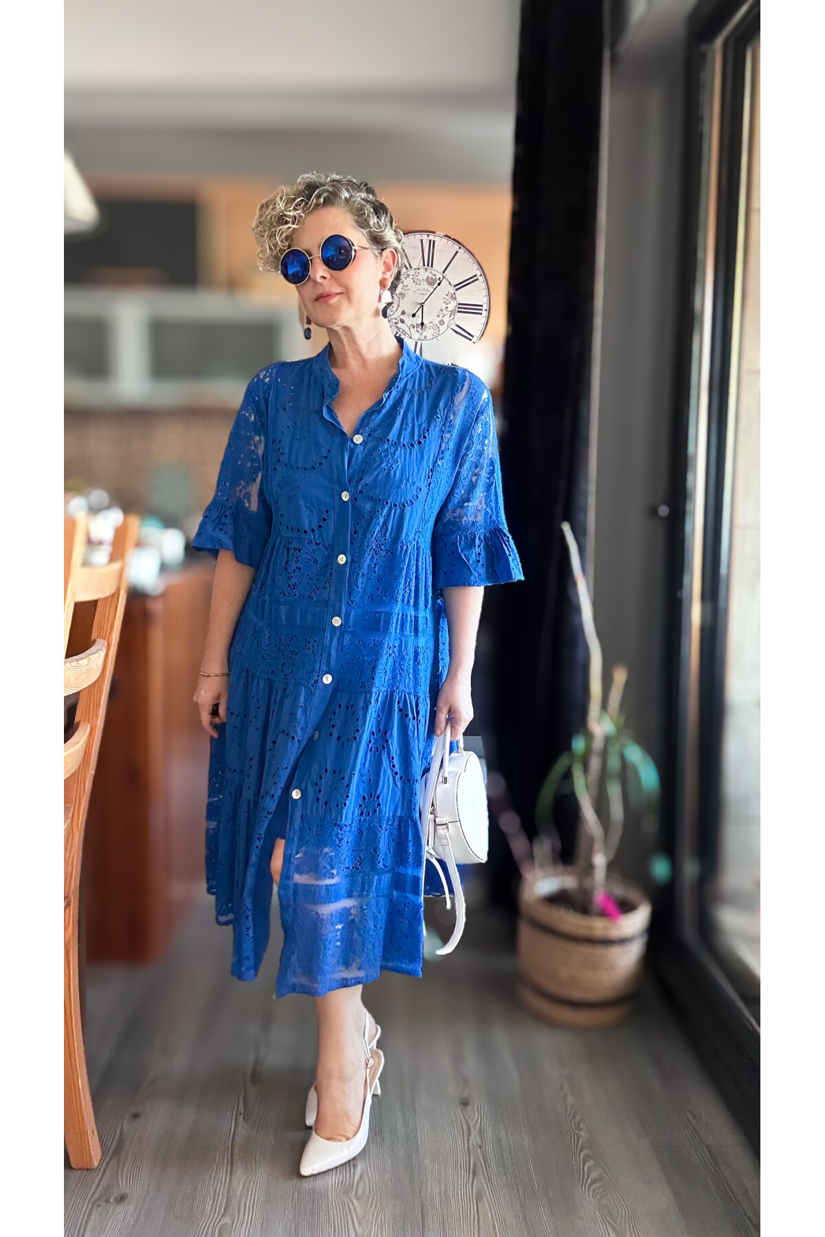 Nessi İtalyan Brode Gömlek Elbise Sax