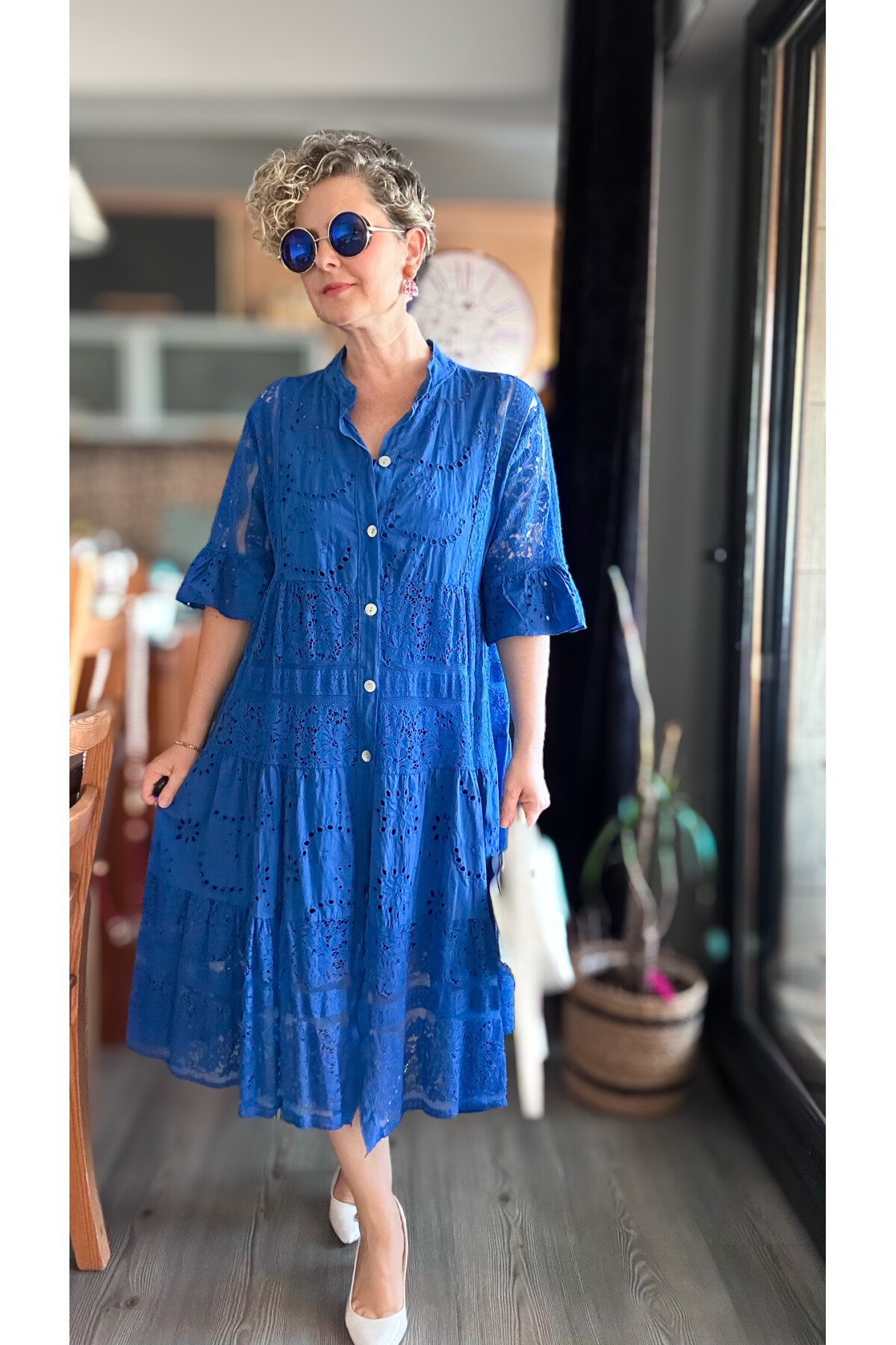 Nessi İtalyan Brode Gömlek Elbise Sax