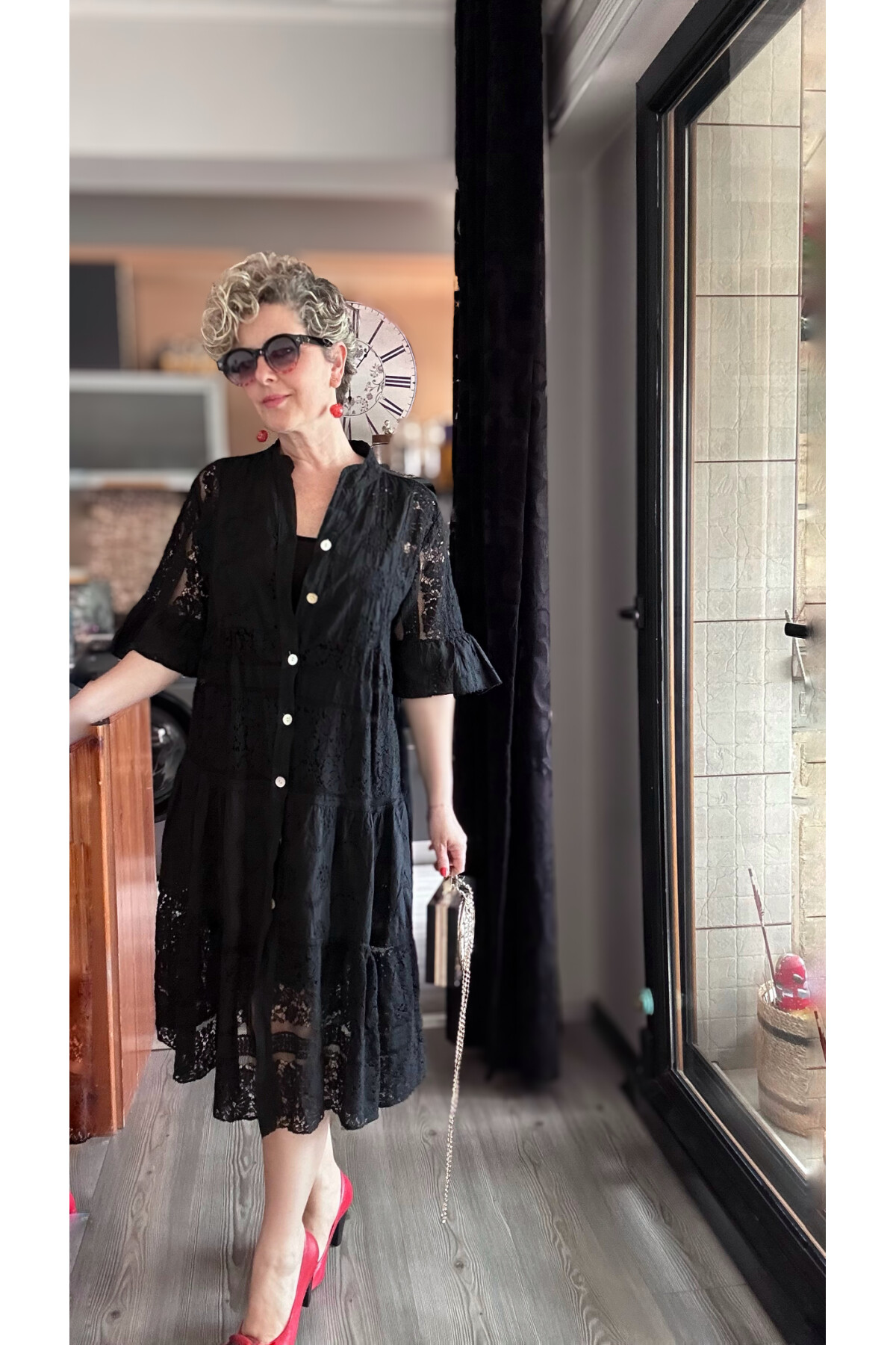 Nessi İtalyan Brode Gömlek Elbise Siyah