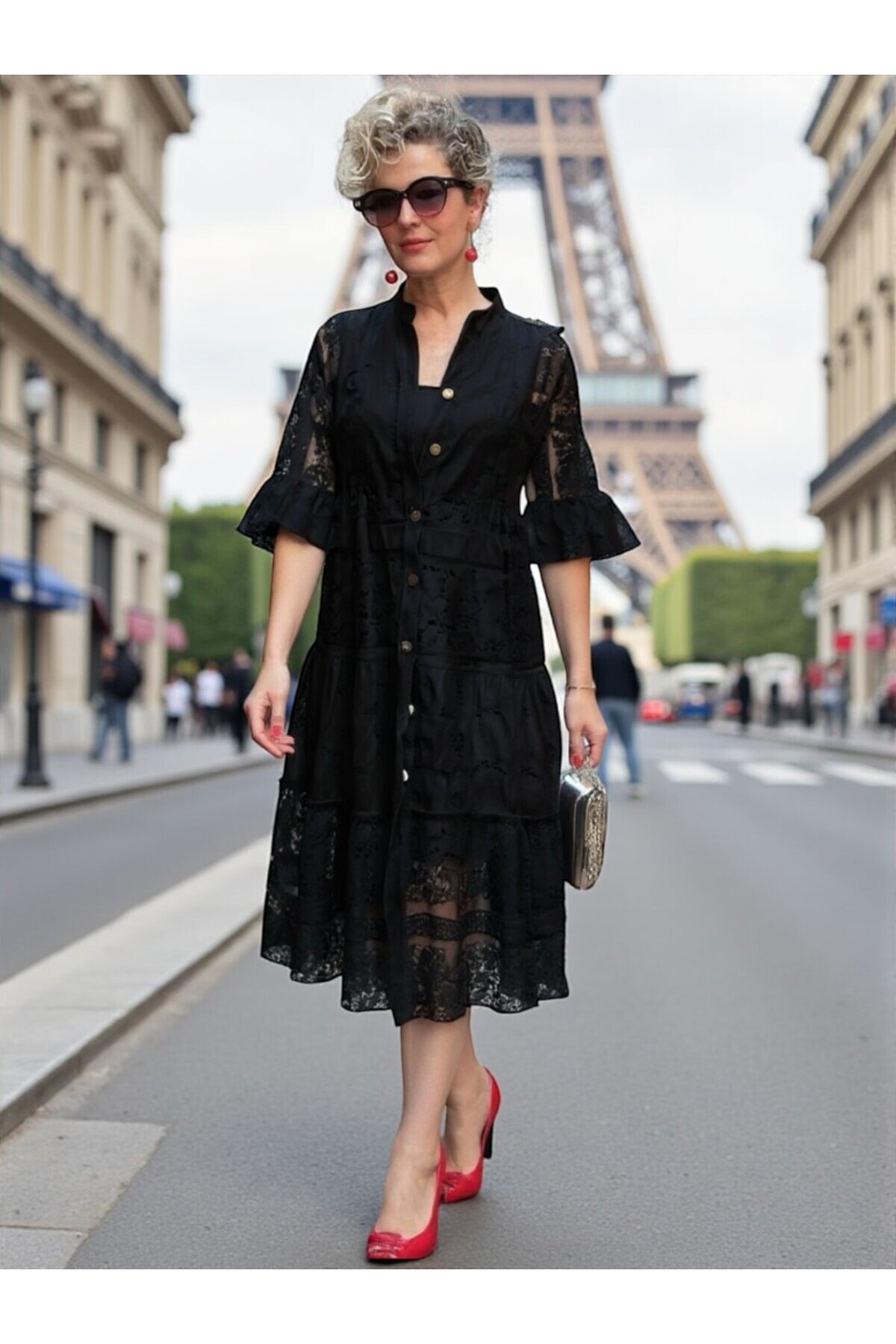 Nessi İtalyan Brode Gömlek Elbise Siyah