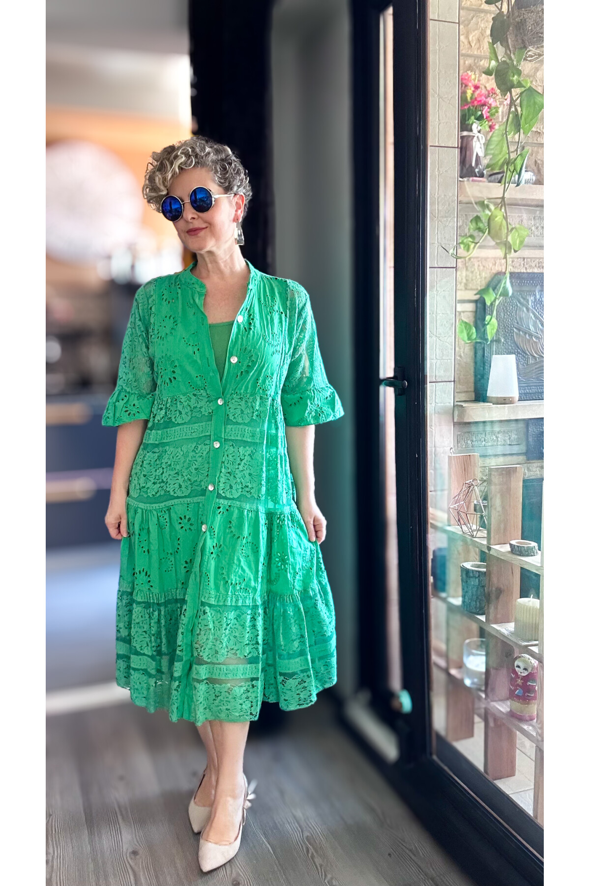 Nessi İtalyan Brode Gömlek Elbise Yeşil