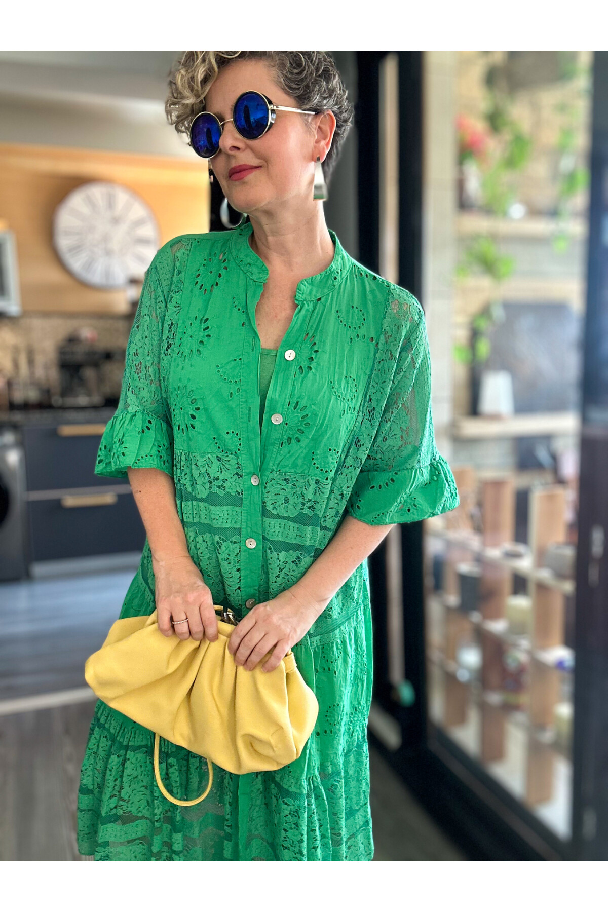 Nessi İtalyan Brode Gömlek Elbise Yeşil