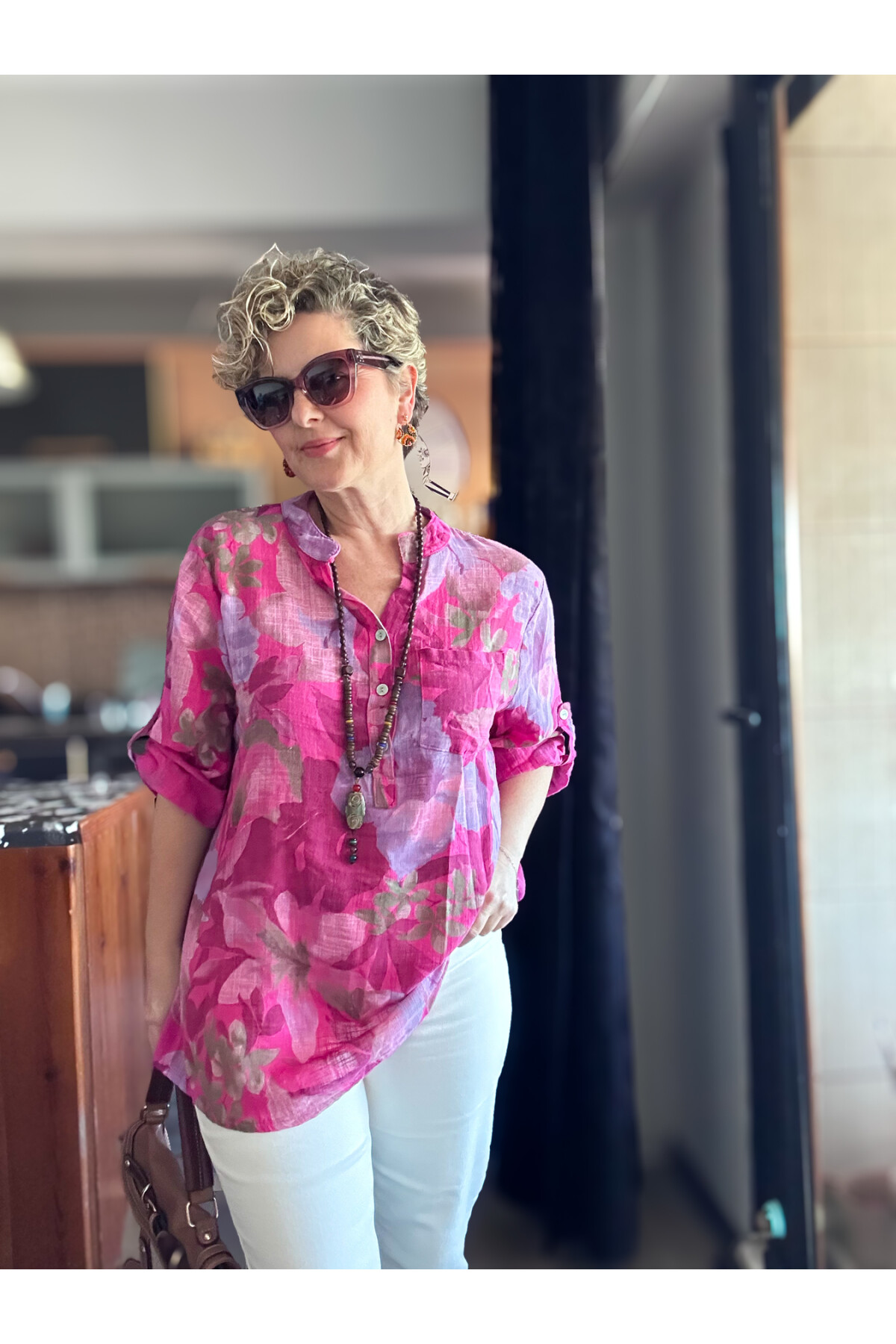 Netti Zambak Desen İtalyan Gömlek Fuşya