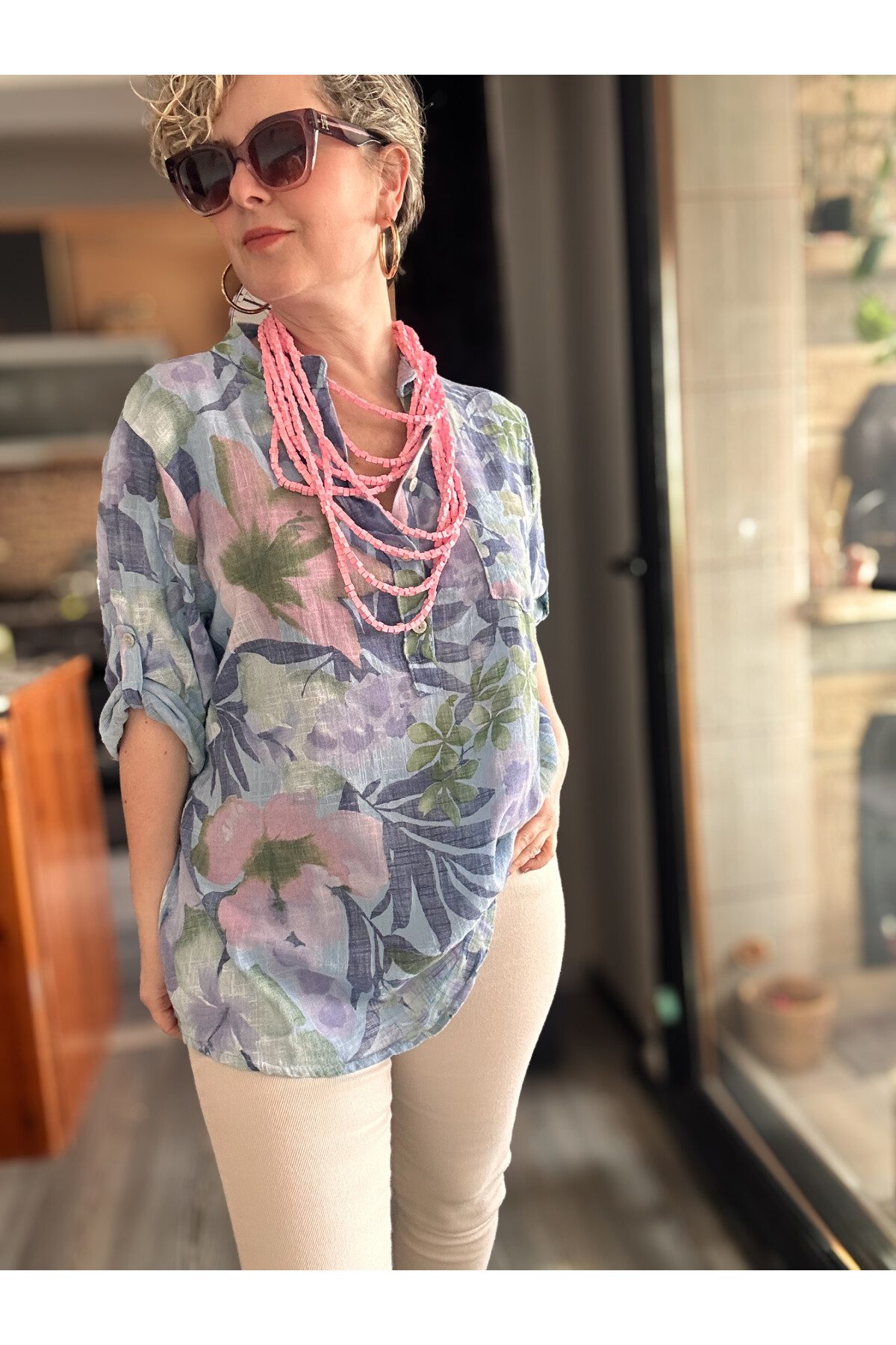 Netti Zambak Desen İtalyan Gömlek Mavi