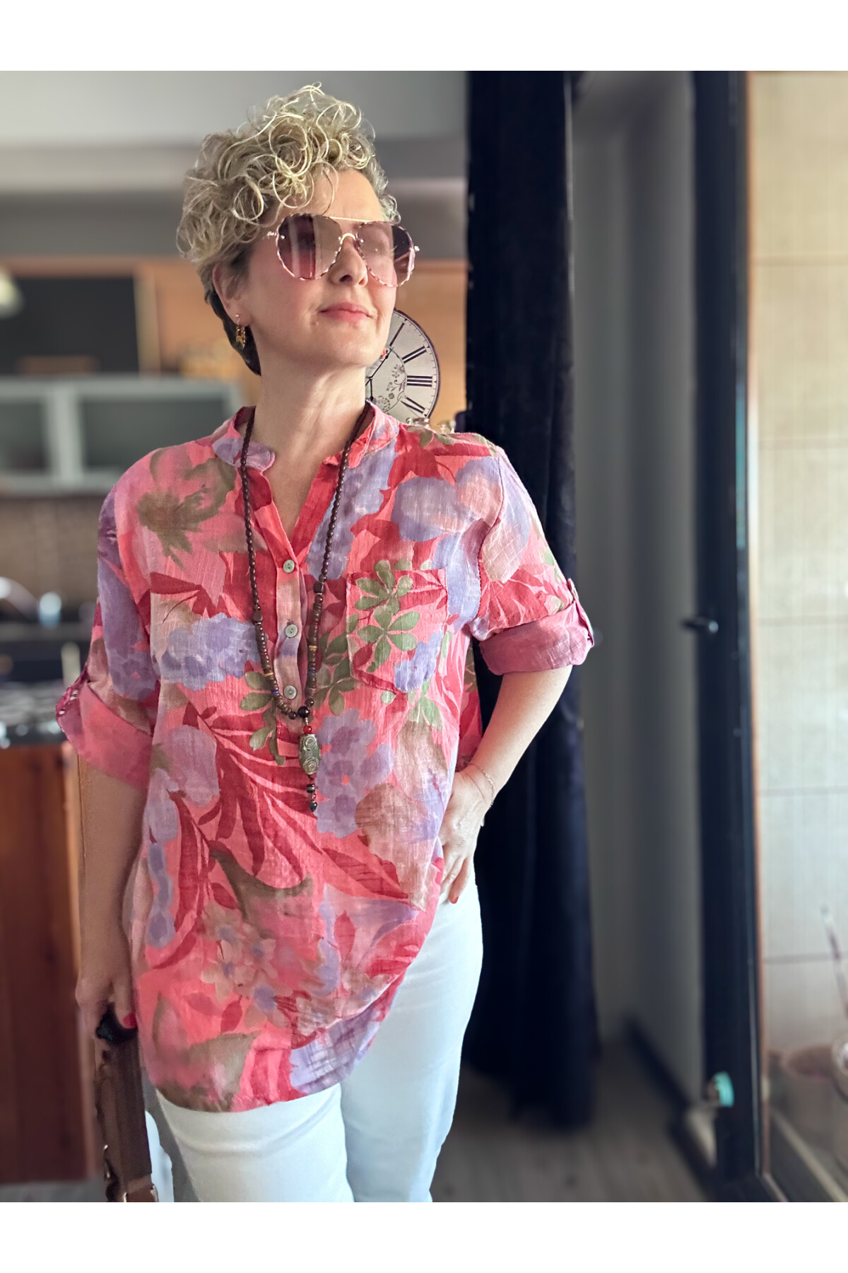 Netti Zambak Desen İtalyan Gömlek Mercan