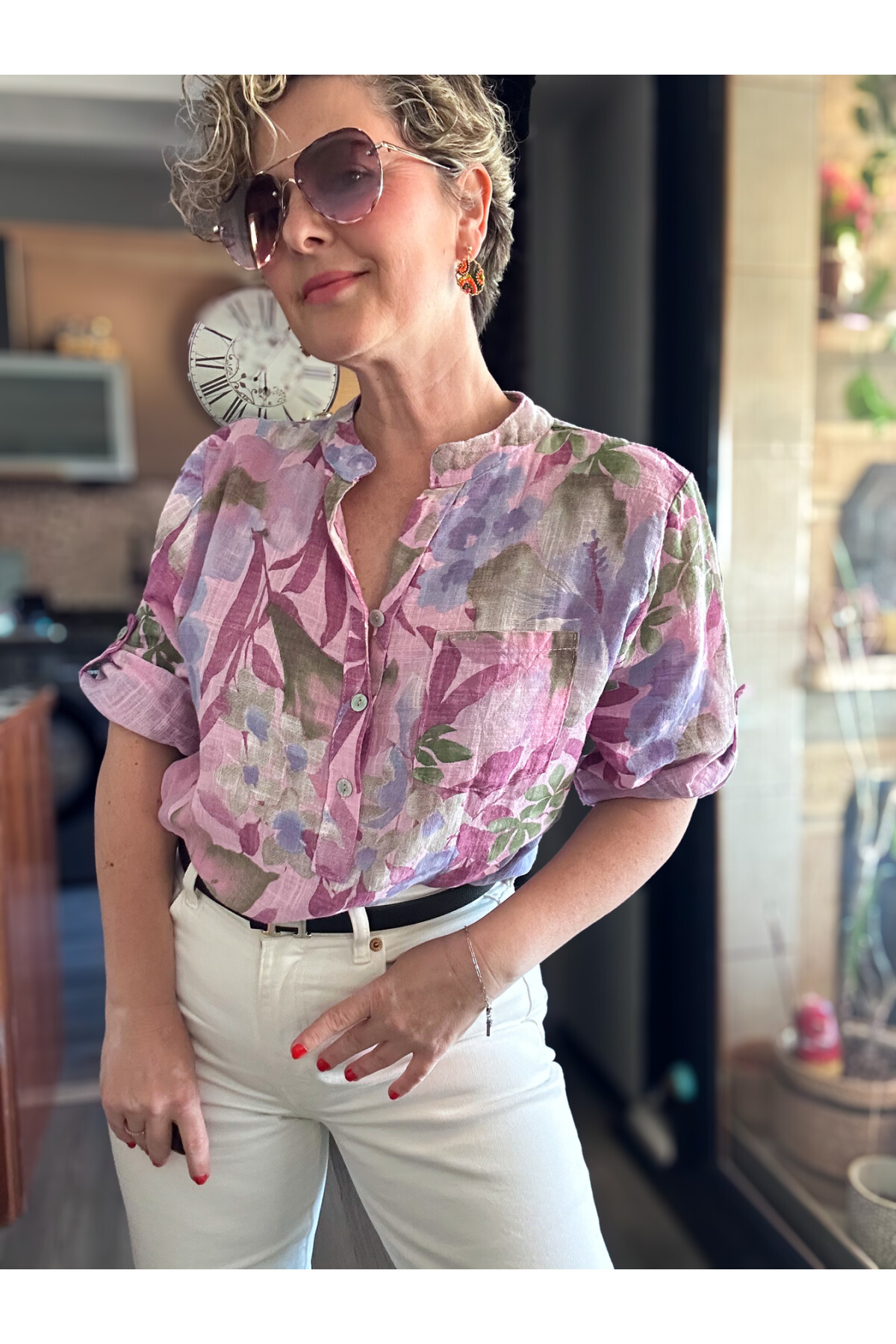 Netti Zambak Desen İtalyan Gömlek Pembe