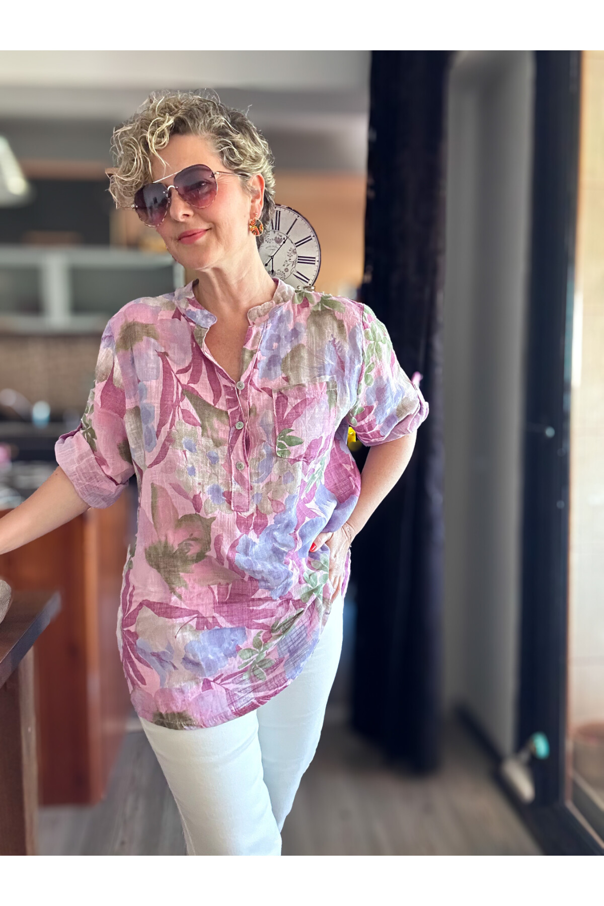 Netti Zambak Desen İtalyan Gömlek Pembe