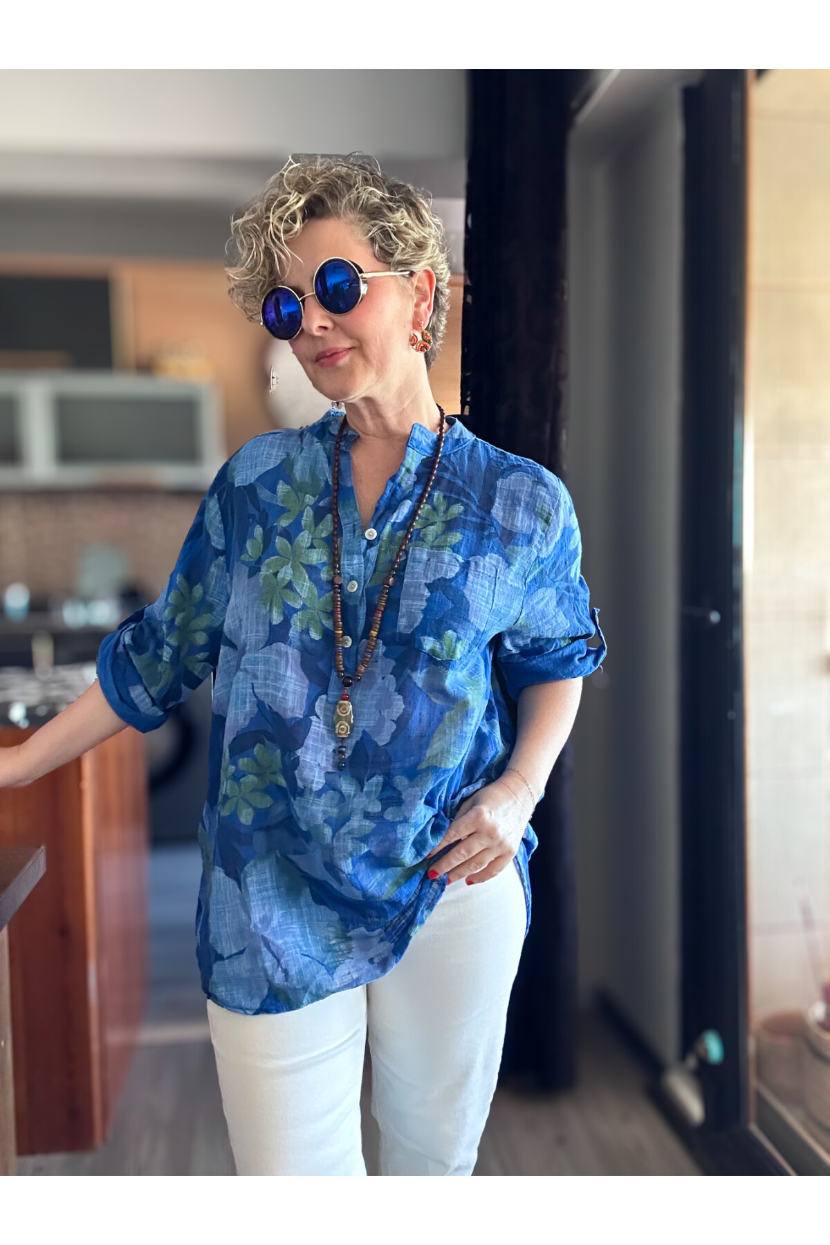 Netti Zambak Desen İtalyan Gömlek Saks