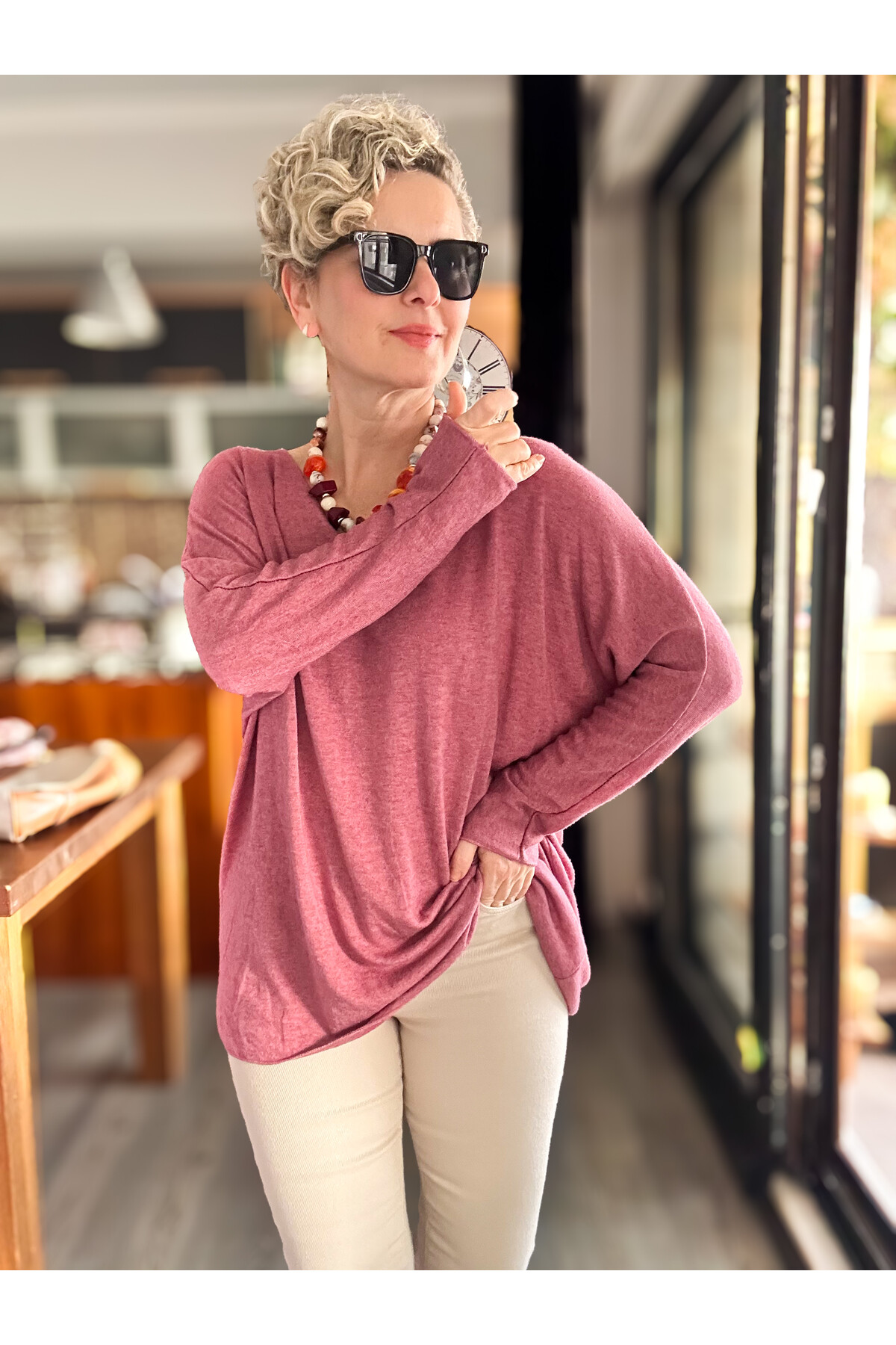 Nonna İthal V Yaka Tasarım Triko Gül Kurusu