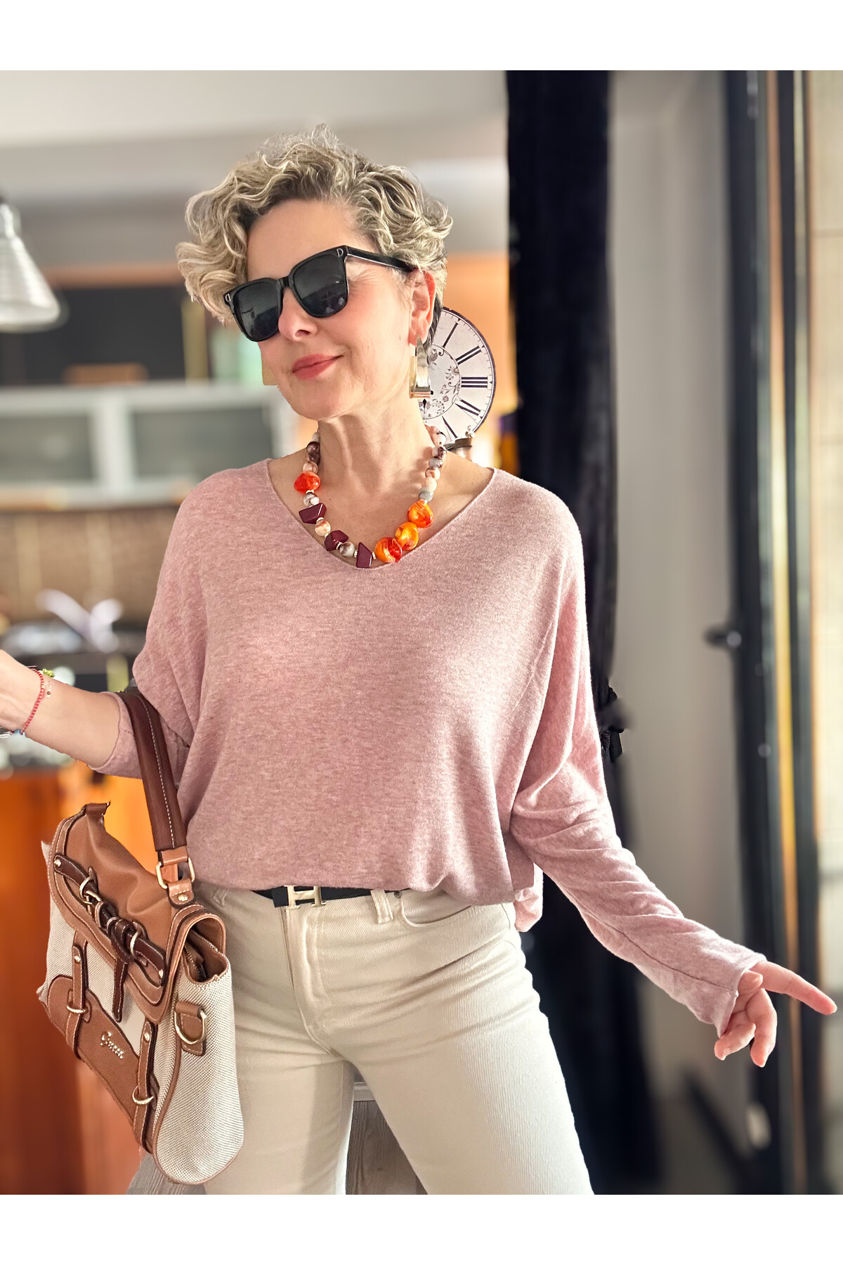 Nonna İthal V Yaka Tasarım Triko Pudra