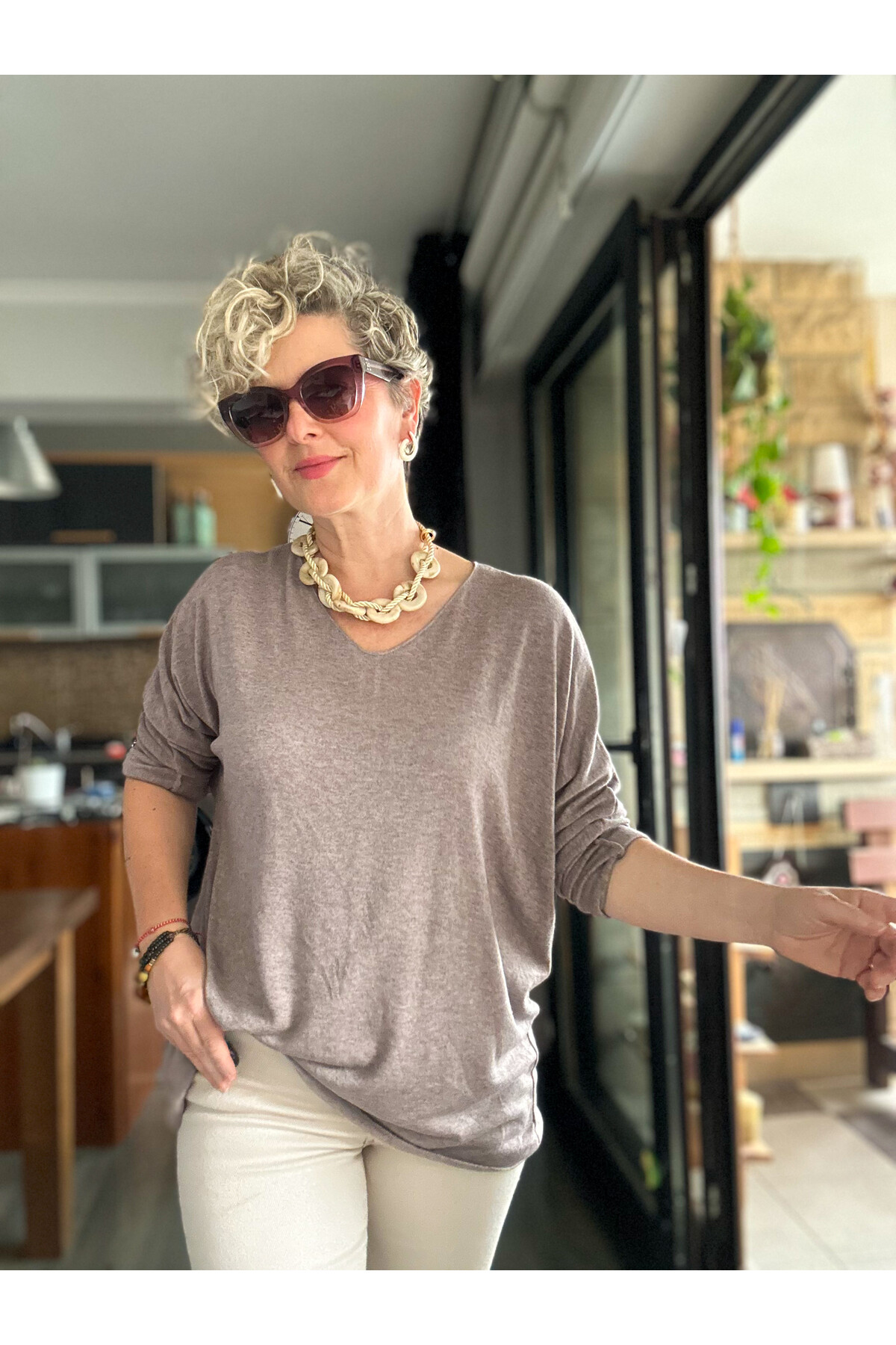 Nonna İthal V Yaka Tasarım Triko Vizon