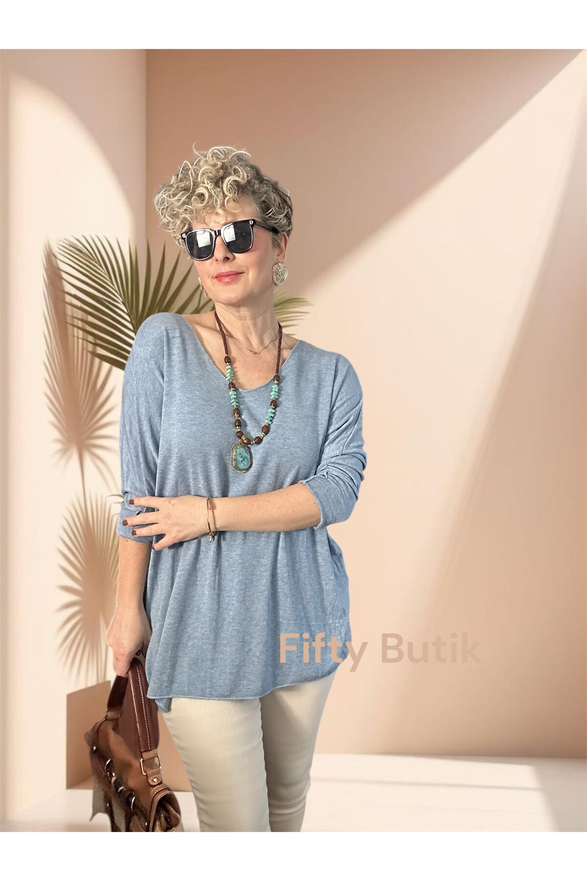 Nonna İthal V Yaka Tasarım Triko Açık Mavi