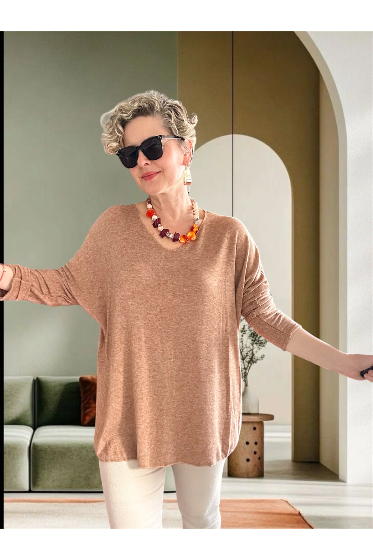 Nonna İthal V Yaka Tasarım Triko Camel